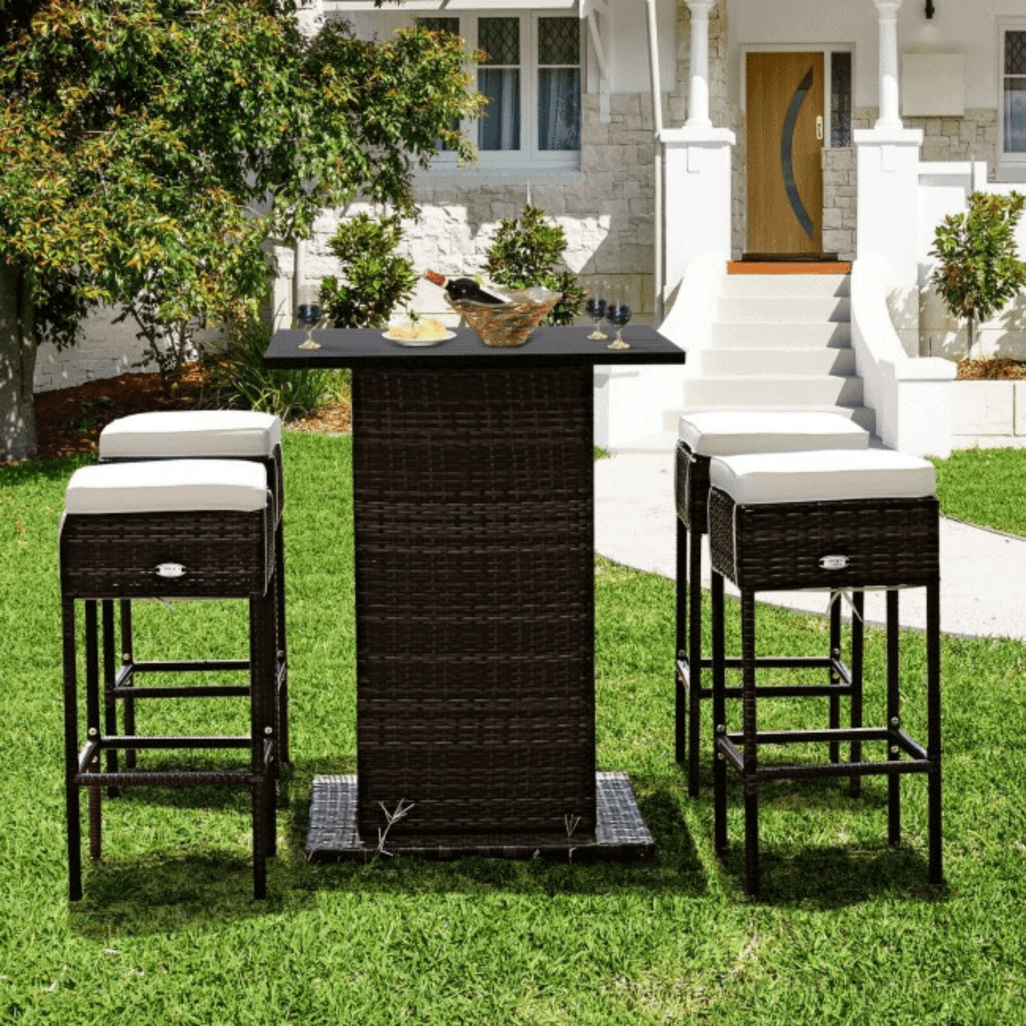 5 PCS Patio Rattan Bar Table Stool Set With Hidden Storage Shelf & Cushions (SAK14645) - Energize Trek