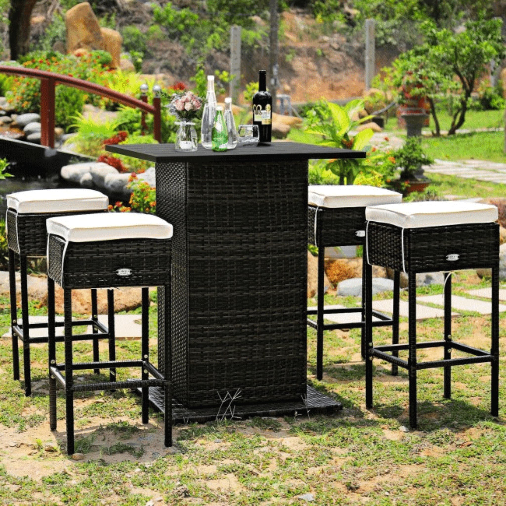 5 PCS Patio Rattan Bar Table Stool Set With Hidden Storage Shelf & Cushions (SAK14645) - Energize Trek