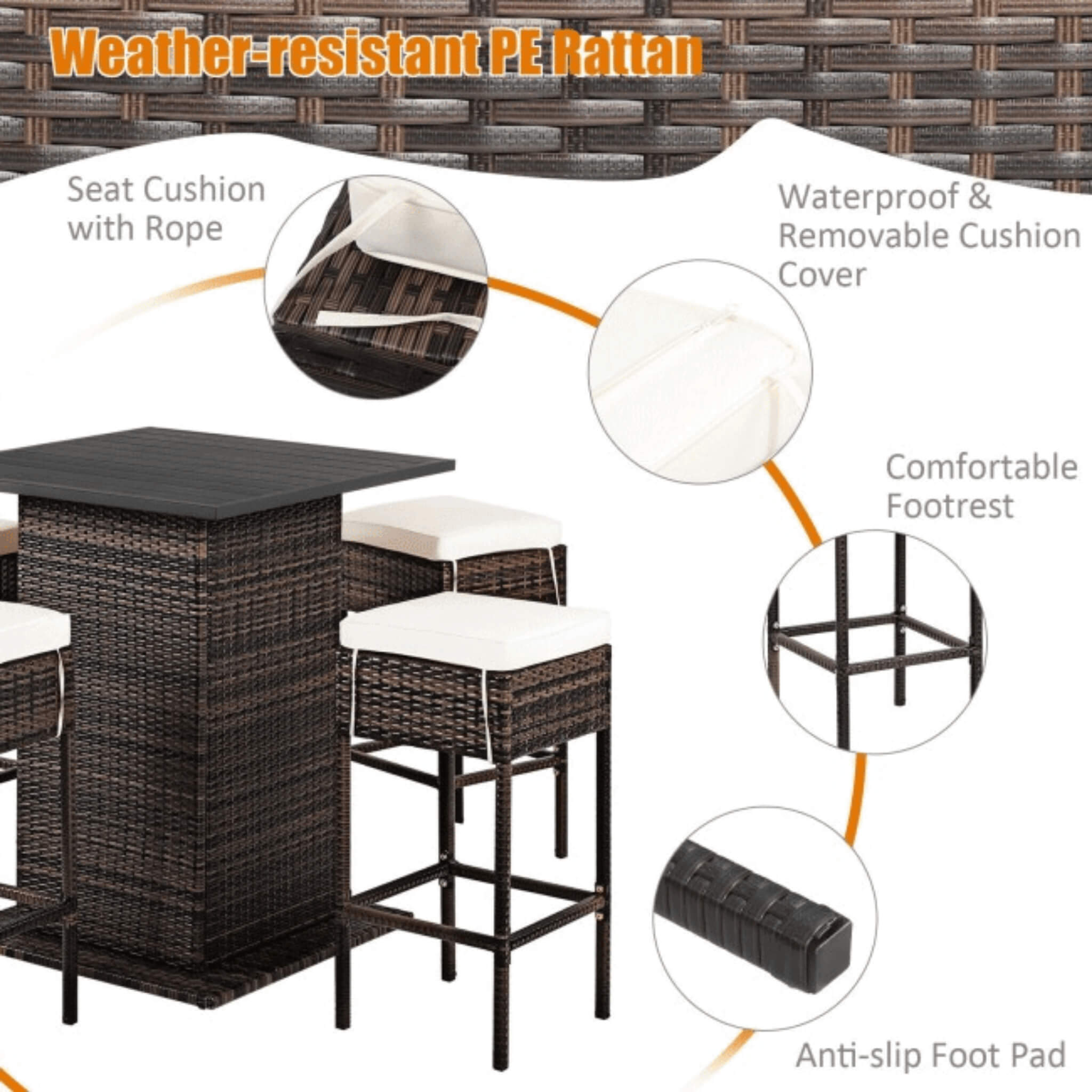 5 PCS Patio Rattan Bar Table Stool Set With Hidden Storage Shelf & Cushions (SAK14645) - Energize Trek