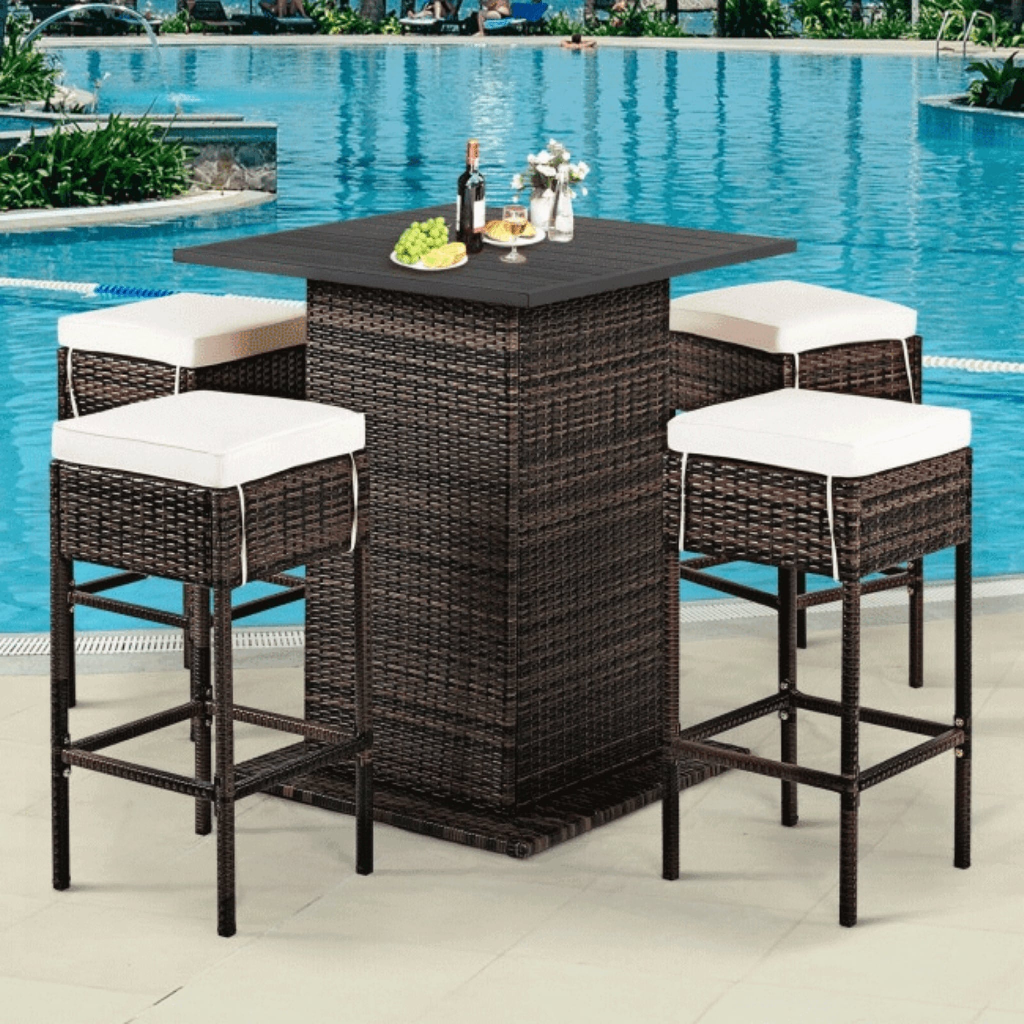 5 PCS Patio Rattan Bar Table Stool Set With Hidden Storage Shelf & Cushions (SAK14645) - Energize Trek
