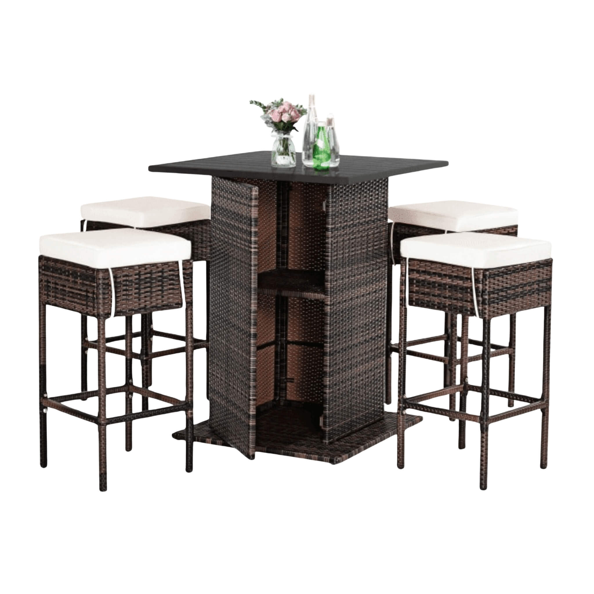 5 PCS Patio Rattan Bar Table Stool Set With Hidden Storage Shelf & Cushions (SAK14645) - Energize Trek
