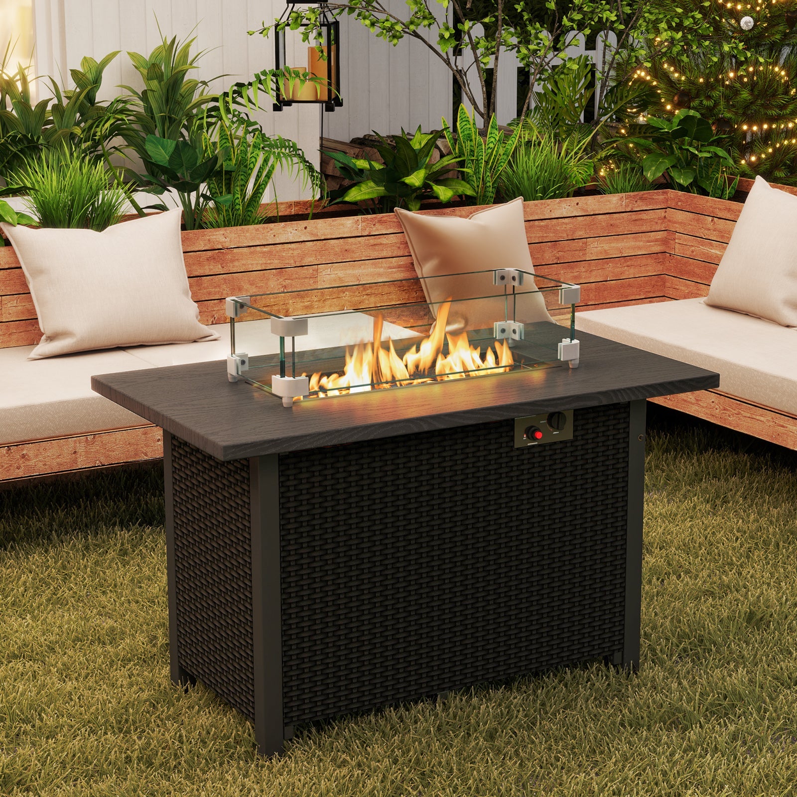 50000 BTU 2 Inch ropane Gas Fire Pit Table with Wind Guard and Glass Rocks-Black - Energize Trek