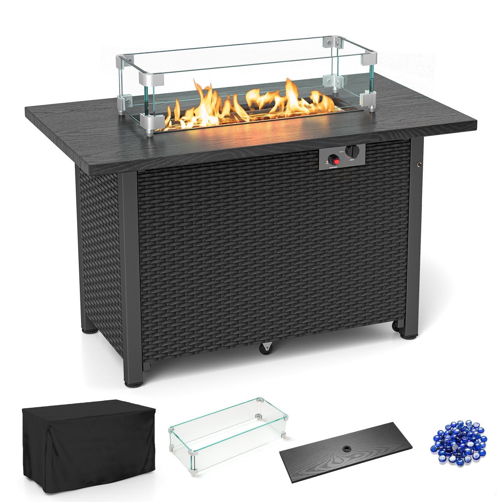 50000 BTU 2 Inch ropane Gas Fire Pit Table with Wind Guard and Glass Rocks-Black - Energize Trek