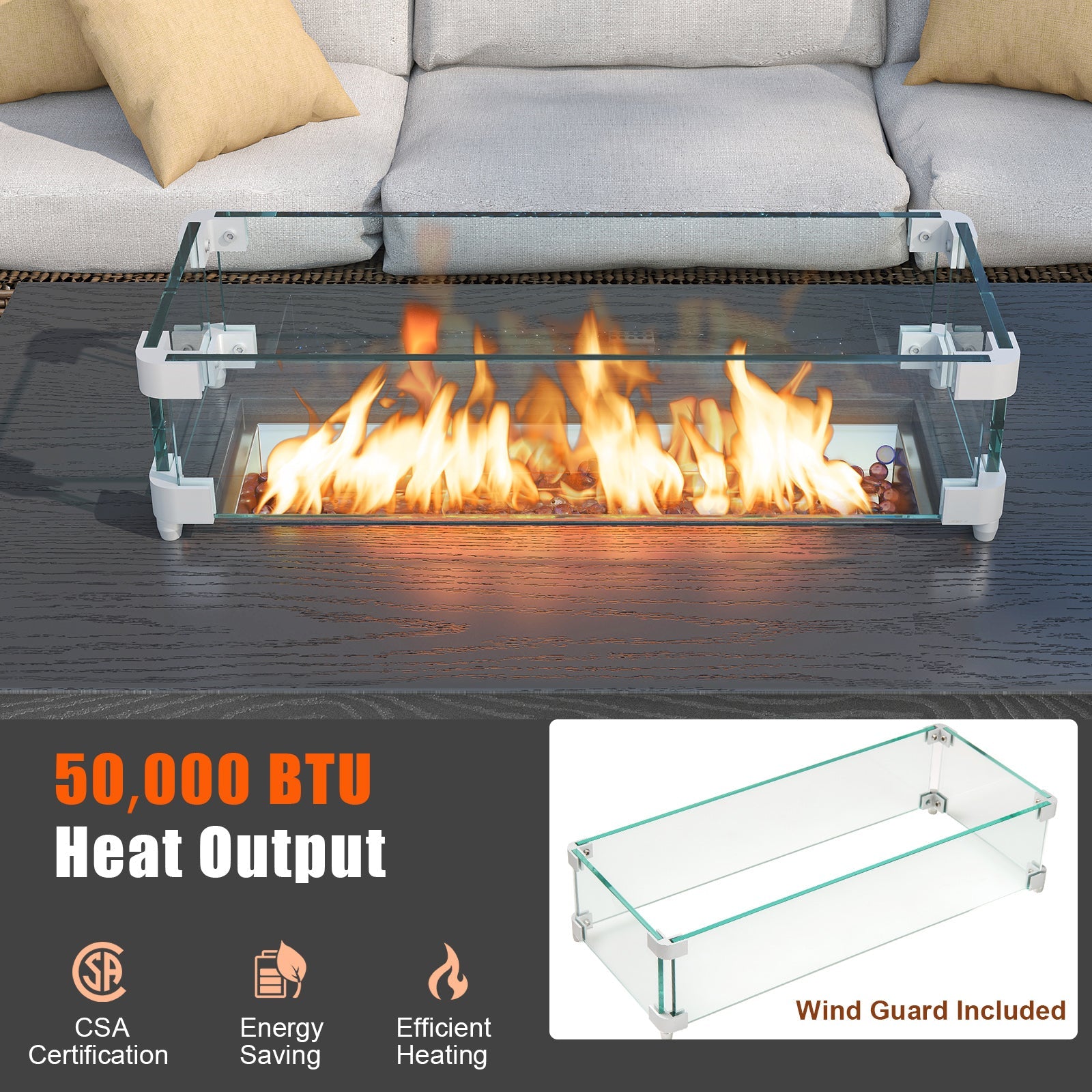 50000 BTU 2 Inch ropane Gas Fire Pit Table with Wind Guard and Glass Rocks-Black - Energize Trek