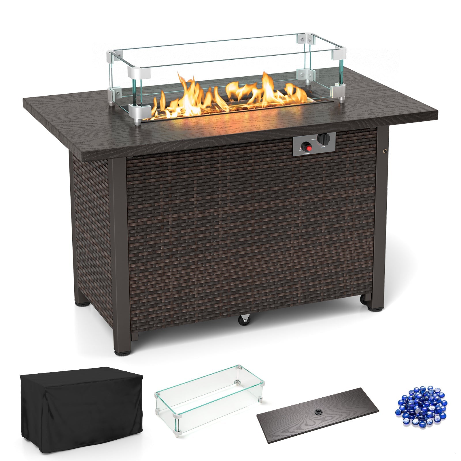50000 BTU 2 Inch ropane Gas Fire Pit Table with Wind Guard and Glass Rocks-Brown - Energize Trek