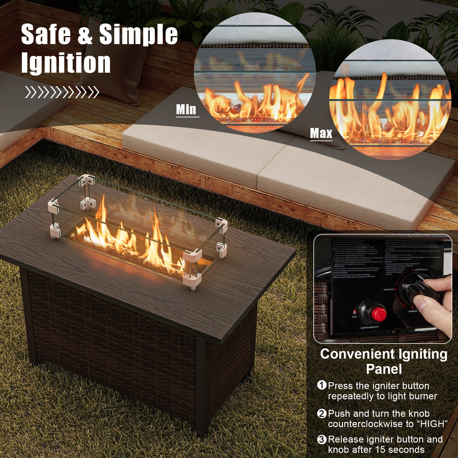50000 BTU 2 Inch ropane Gas Fire Pit Table with Wind Guard and Glass Rocks-Brown - Energize Trek
