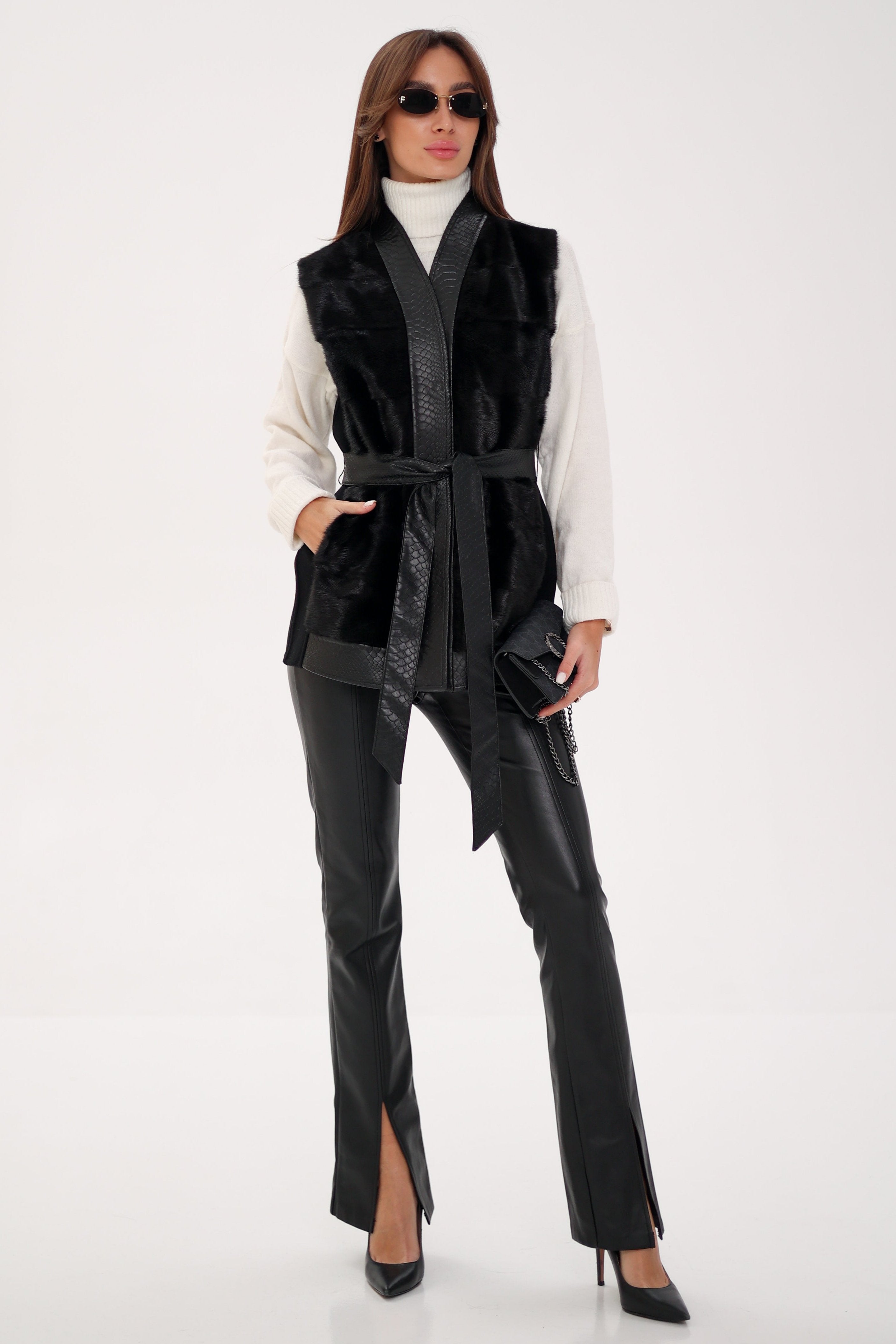 Genuine Mink Fur Leather Trim Wool Vest - Energize Trek