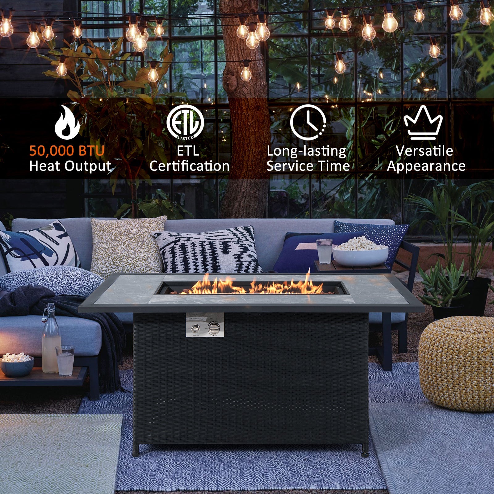 52 Inch Rattan Wicker Propane Fire Pit Table with Rain Cover and Lava Rock-Black - Energize Trek