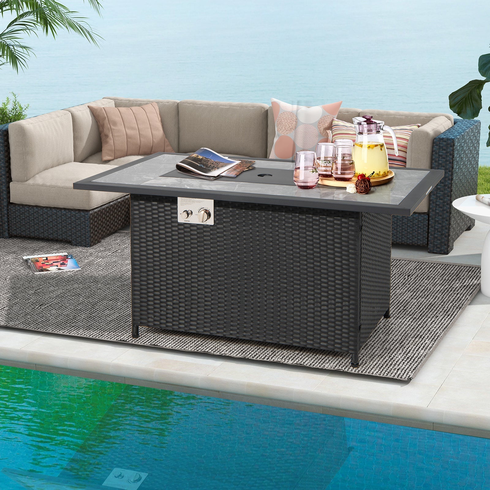 52 Inch Rattan Wicker Propane Fire Pit Table with Rain Cover and Lava Rock-Black - Energize Trek