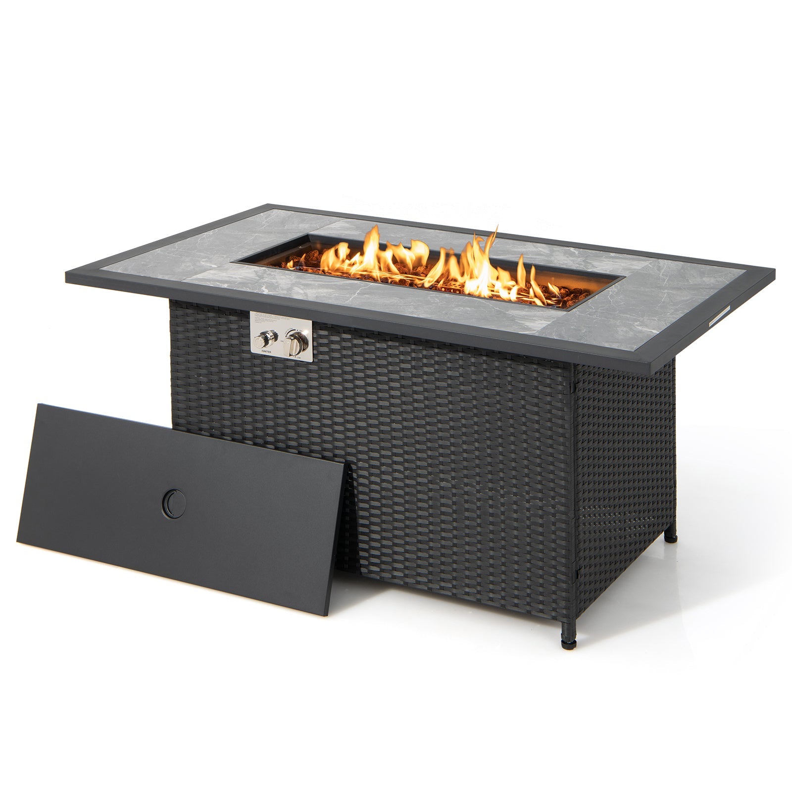 52 Inch Rattan Wicker Propane Fire Pit Table with Rain Cover and Lava Rock-Black - Energize Trek