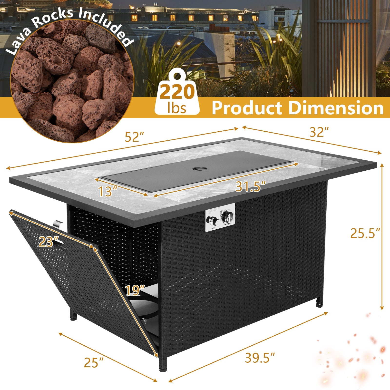 52 Inch Rattan Wicker Propane Fire Pit Table with Rain Cover and Lava Rock-Black - Energize Trek