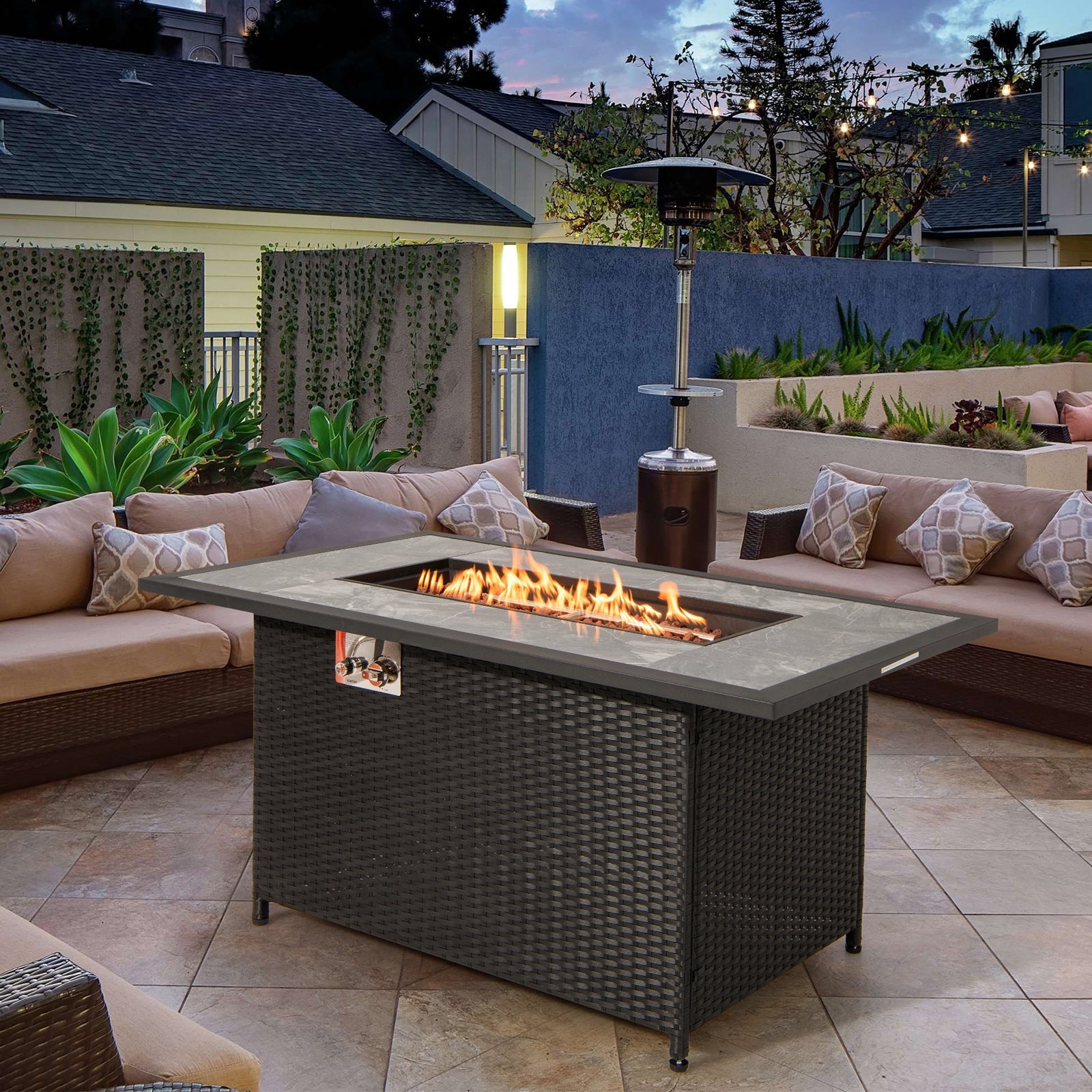 52 Inch Rattan Wicker Propane Fire Pit Table with Rain Cover and Lava Rock-Black - Energize Trek