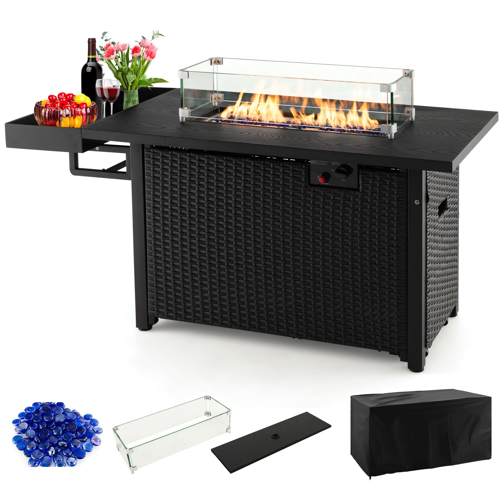 52 Inches Outdoor Wicker Gas Fire Pit Propane Fire Table with Cover-Black - Energize Trek