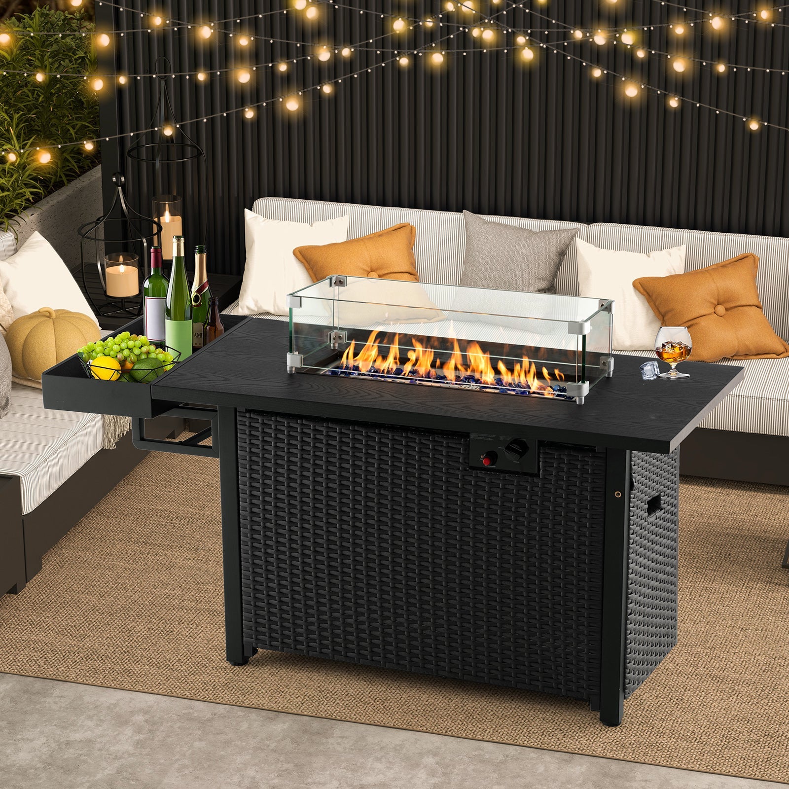 52 Inches Outdoor Wicker Gas Fire Pit Propane Fire Table with Cover-Black - Energize Trek