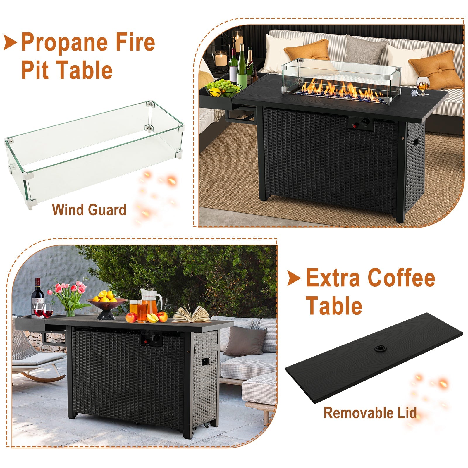 52 Inches Outdoor Wicker Gas Fire Pit Propane Fire Table with Cover-Black - Energize Trek