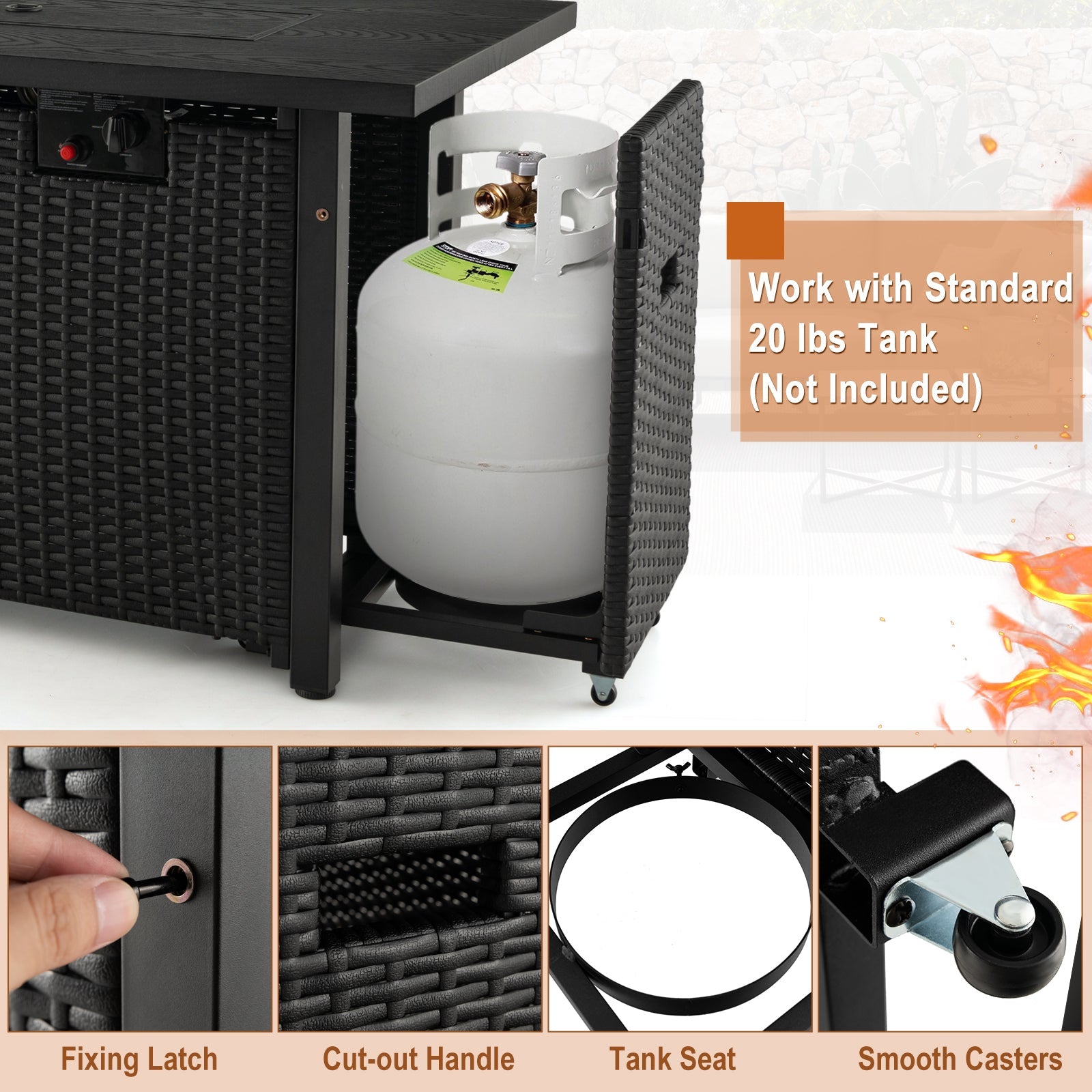 52 Inches Outdoor Wicker Gas Fire Pit Propane Fire Table with Cover-Black - Energize Trek