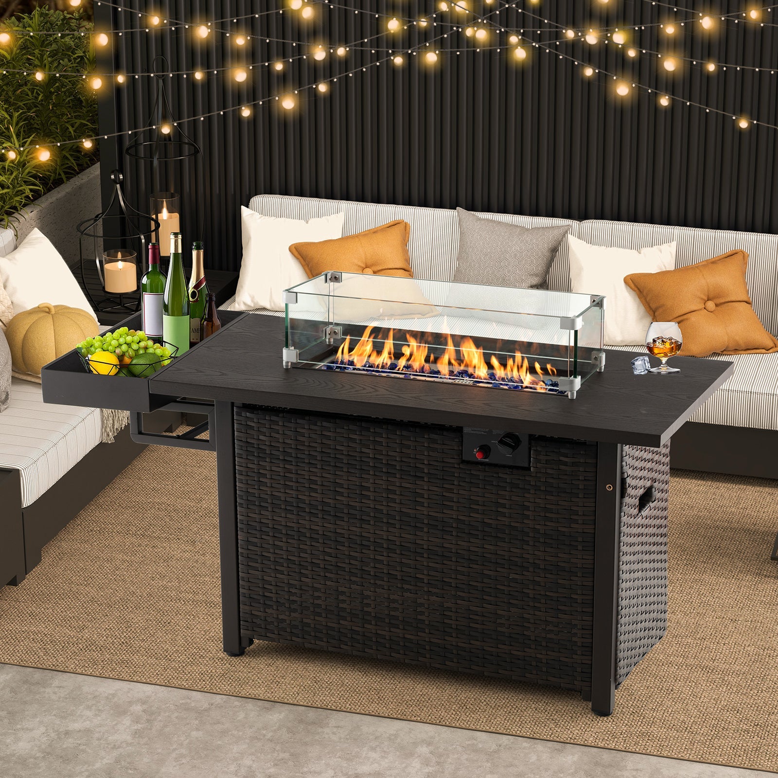 52 Inches Outdoor Wicker Gas Fire Pit Propane Fire Table with Cover-Brown - Energize Trek
