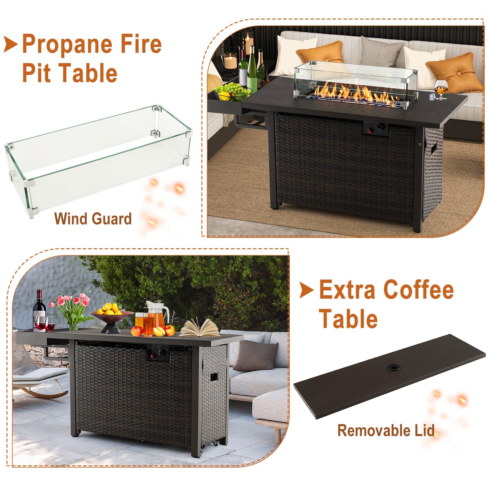 52 Inches Outdoor Wicker Gas Fire Pit Propane Fire Table with Cover-Brown - Energize Trek