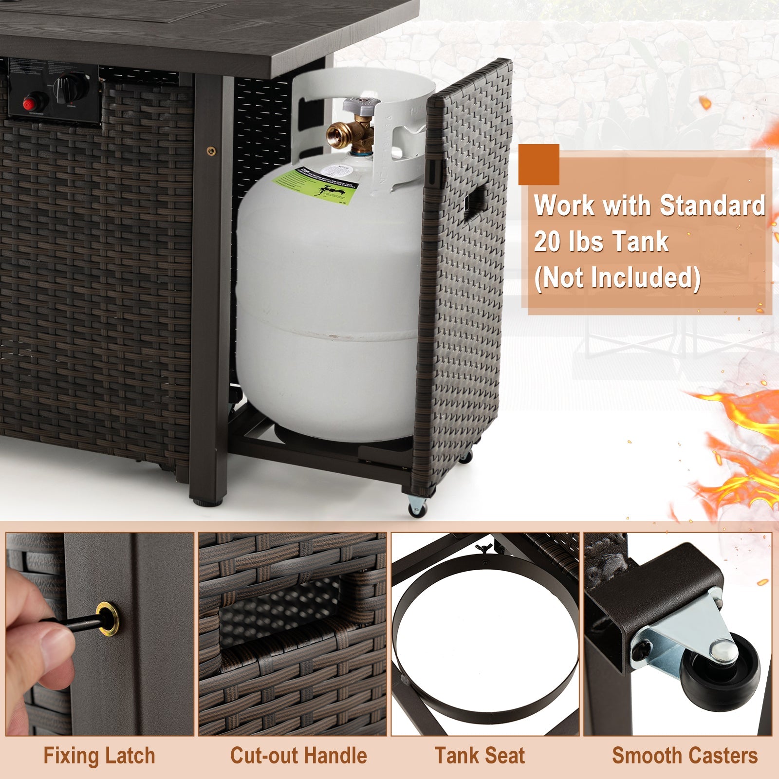 52 Inches Outdoor Wicker Gas Fire Pit Propane Fire Table with Cover-Brown - Energize Trek