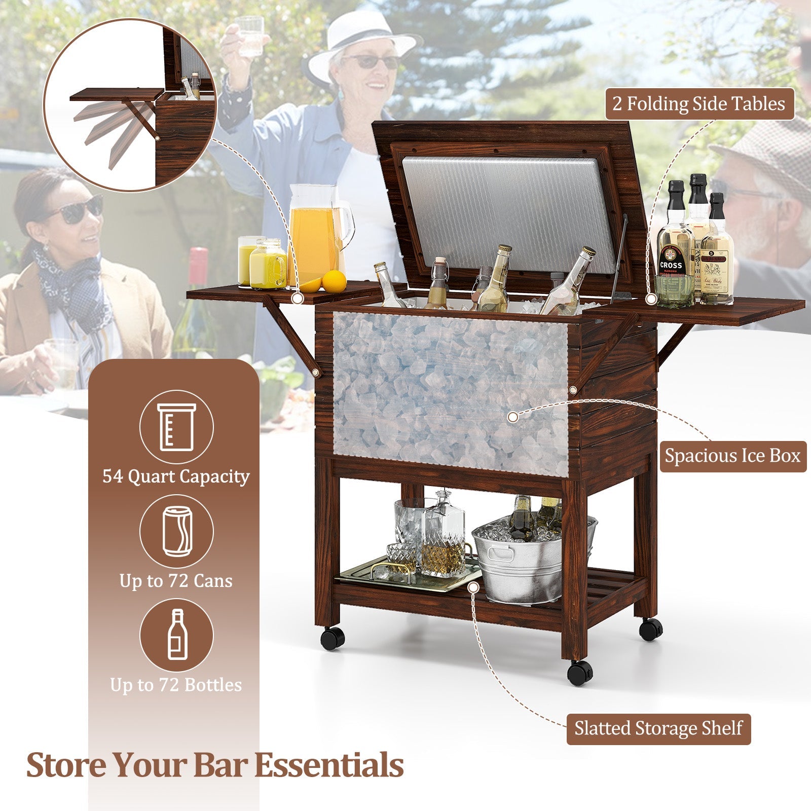 54 Quart Wooden Cooler Cart for Patio Rolling Ice Chest with Shelves-Brown - Energize Trek