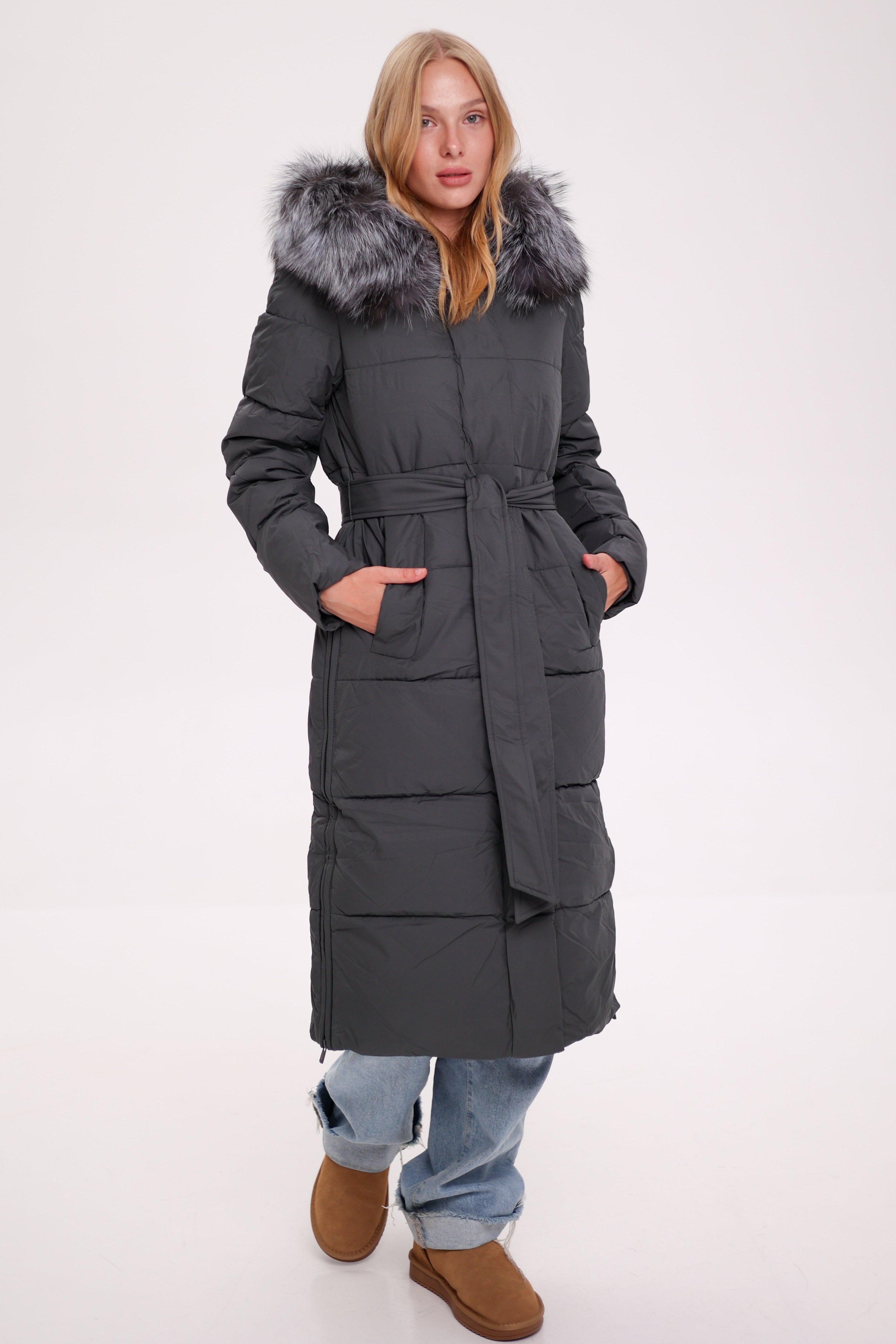 Genuine Silver Fox Belted Winter Insulated Coat - Energize Trek