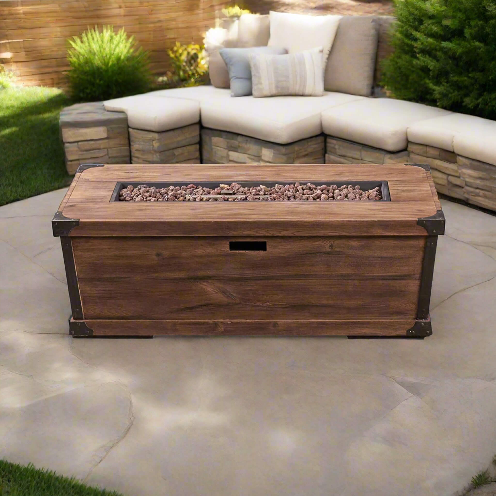 56" Outdoor 50K BTU Wood Pattern Rectangle Gas Burning Fire Pit (SAK43681) - Energize Trek