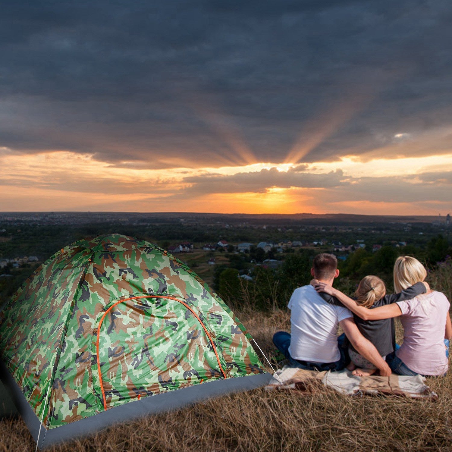 4 Persons Camping Waterproof Tent Pop Up Tent Instant Setup Tent w/2 Mosquito Net Doors Carrying Bag Folding 4 Seasons for Hiking Climbing Adventure F