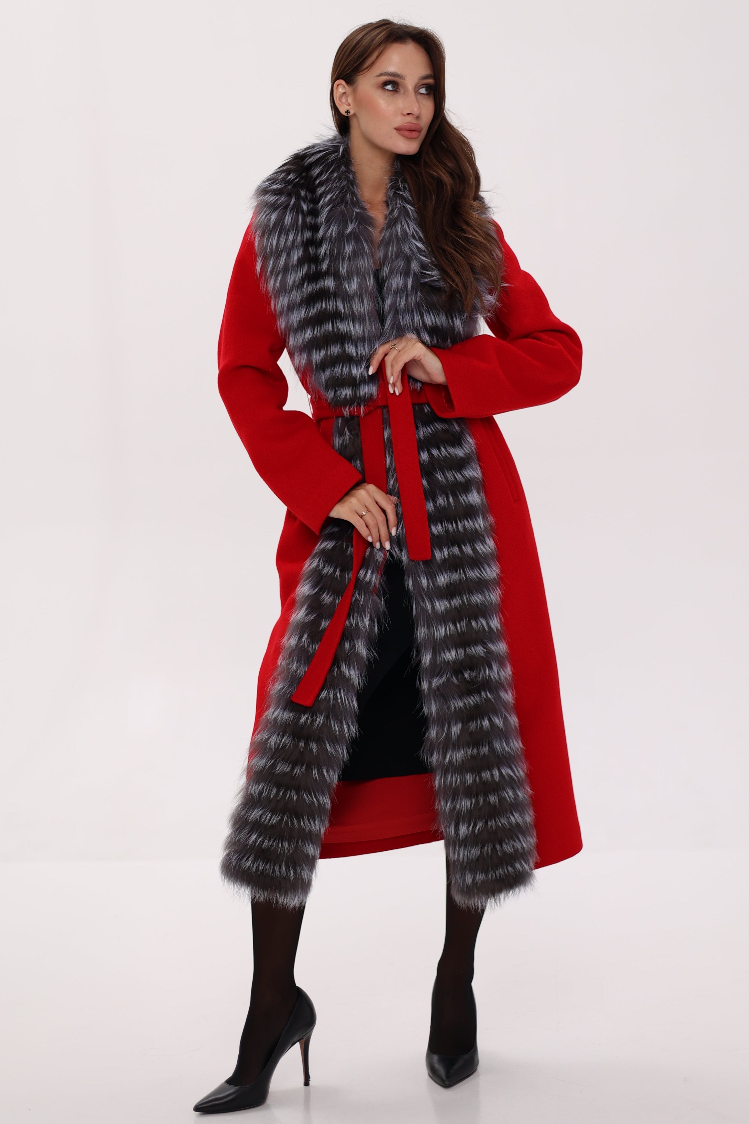 Genuine Silver Fox Virgin Wool Wrap Coat in Red - Energize Trek