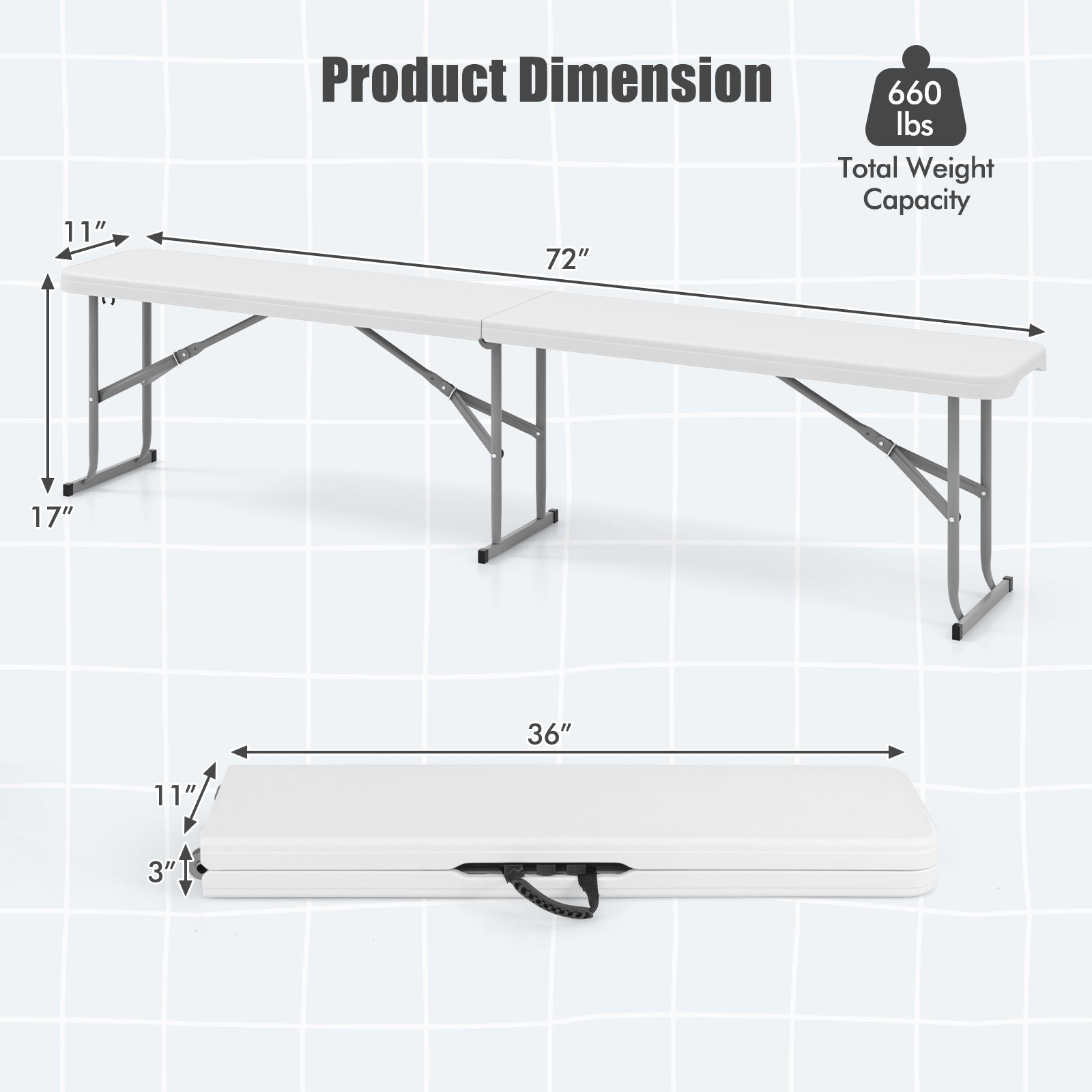 6 Feet Plastic Folding Bench Picnic Camping Dining Seat with Carrying Handle-White - Energize Trek