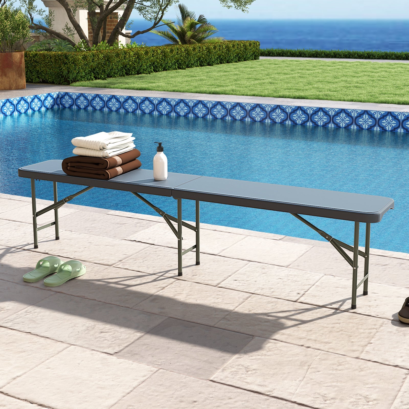 6 Feet Plastic Folding Bench Portable Seat with Handle and Lock - Energize Trek