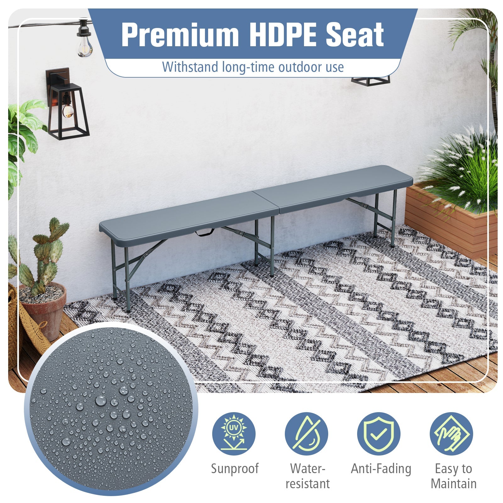 6 Feet Plastic Folding Bench Portable Seat with Handle and Lock - Energize Trek