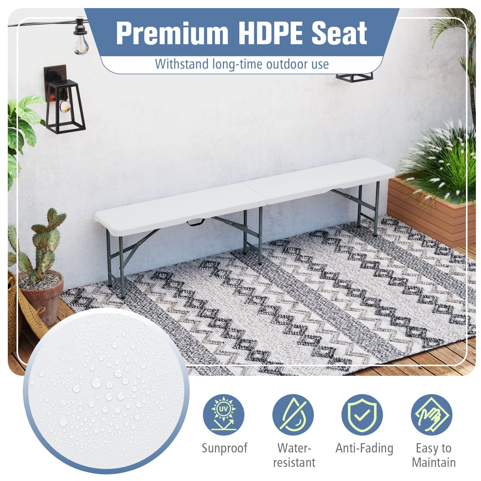 6 Feet Plastic Folding Bench Portable Seat with Handle and Lock - Energize Trek