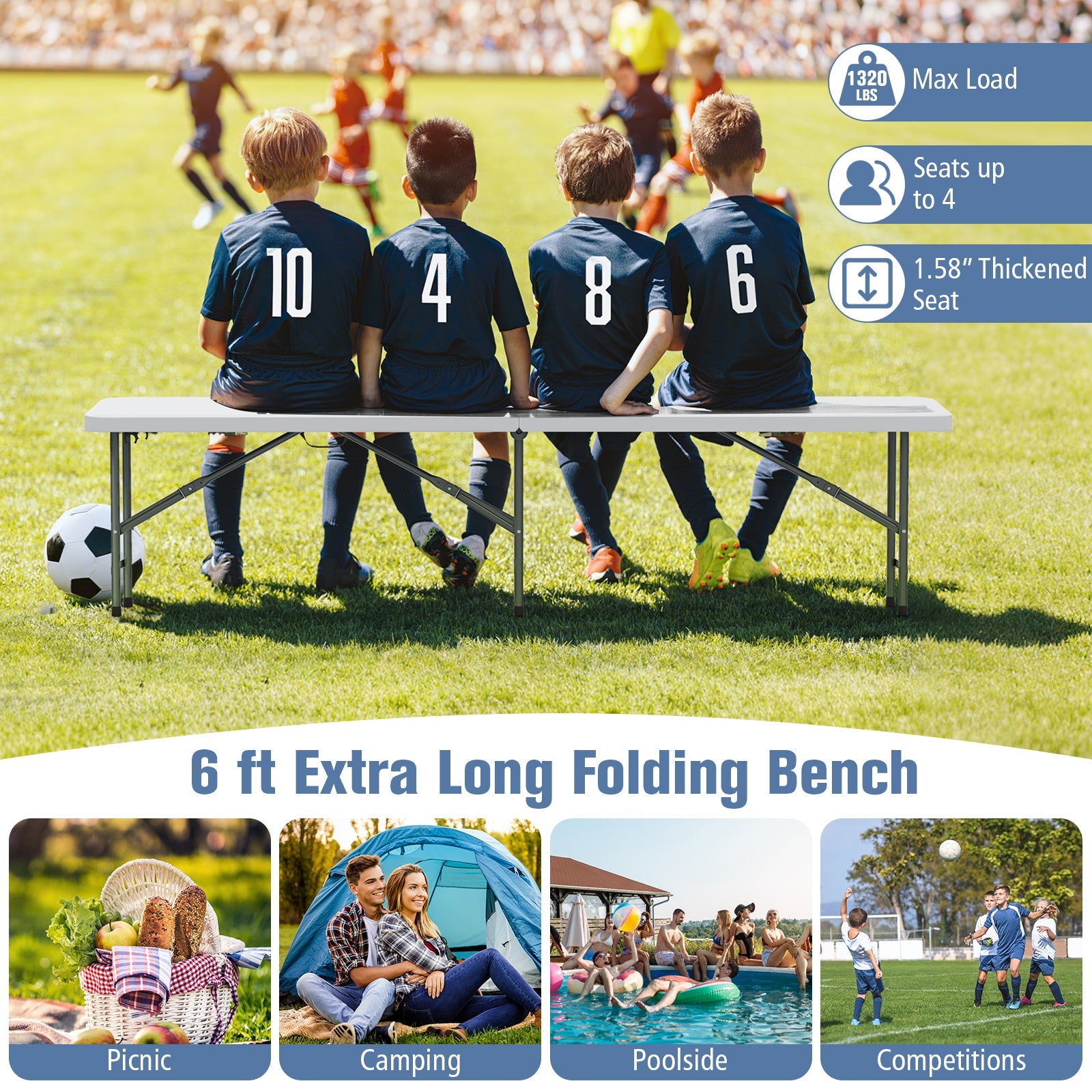 6 Feet Plastic Folding Bench Portable Seat with Handle and Lock - Energize Trek