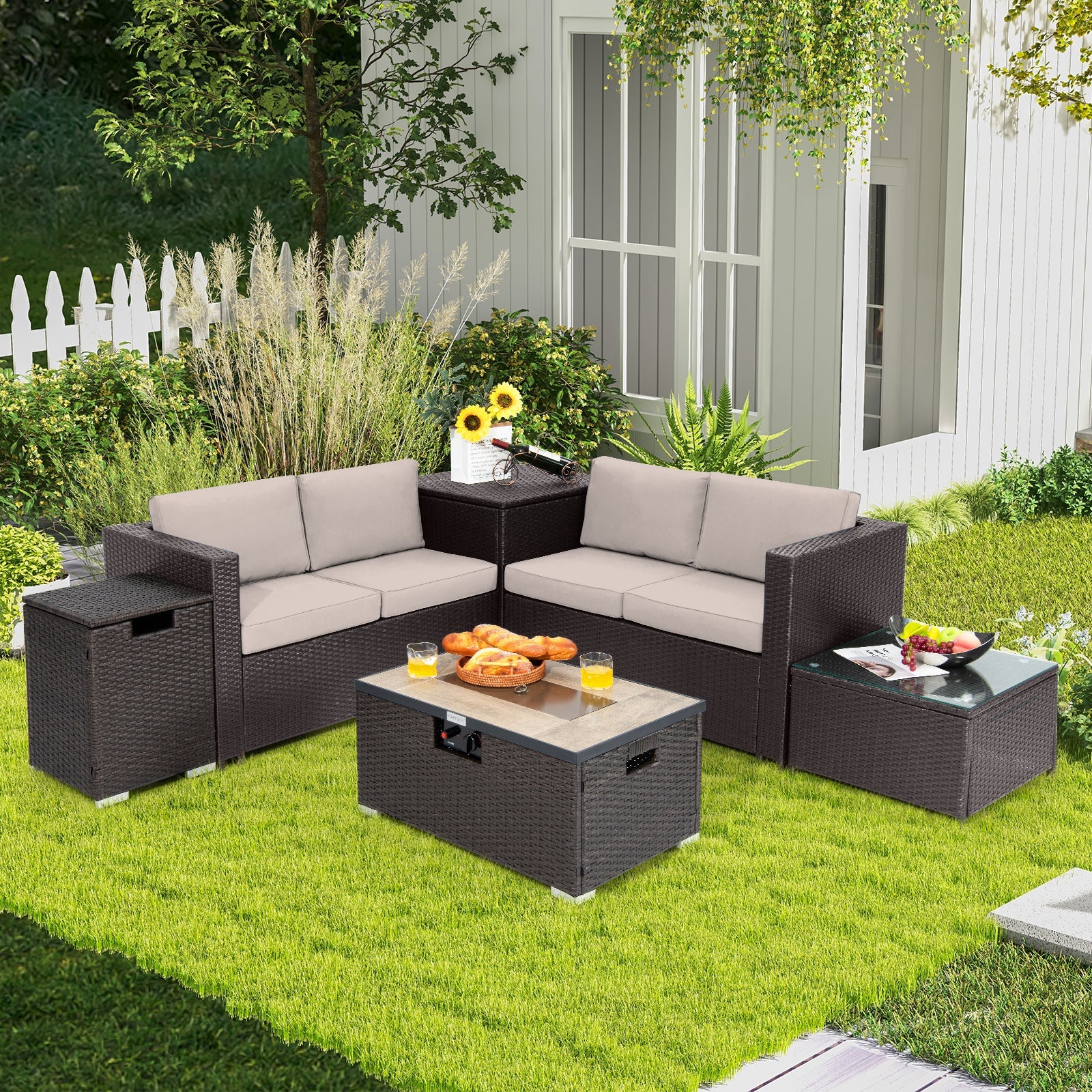 6 Pieces Outdoor Wicker Furniture Set with 32 Inch Propane Fire Pit Table-Beige - Energize Trek