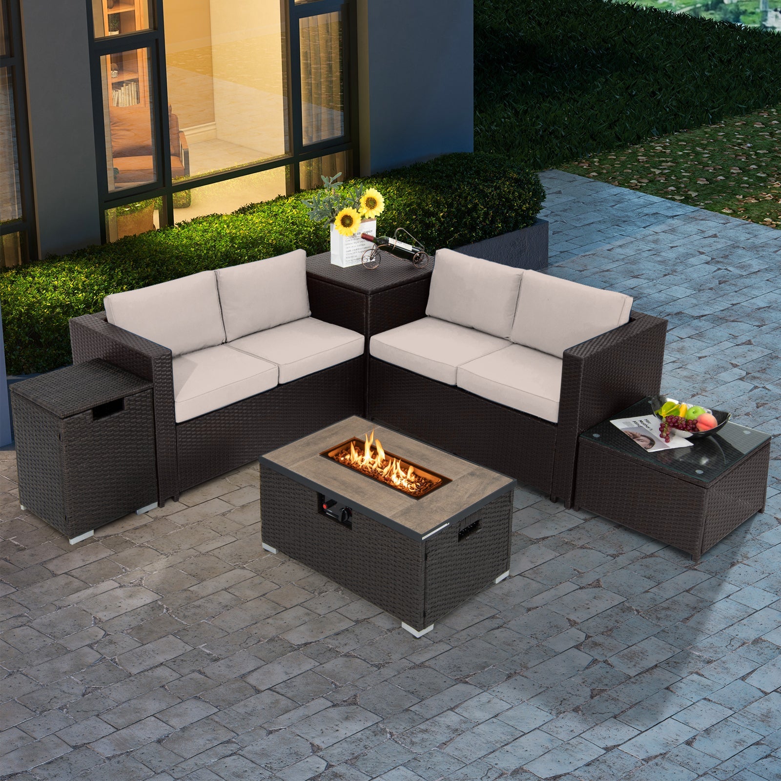 6 Pieces Outdoor Wicker Furniture Set with 32 Inch Propane Fire Pit Table-Beige - Energize Trek