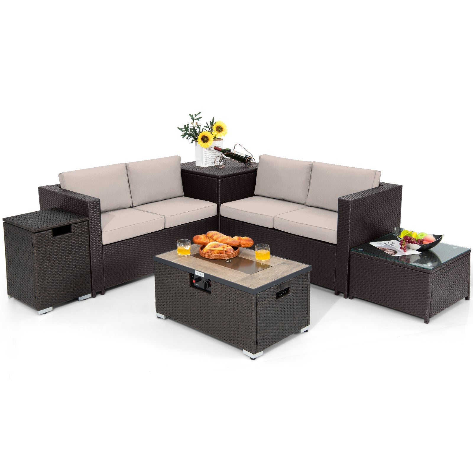 6 Pieces Outdoor Wicker Furniture Set with 32 Inch Propane Fire Pit Table-Beige - Energize Trek