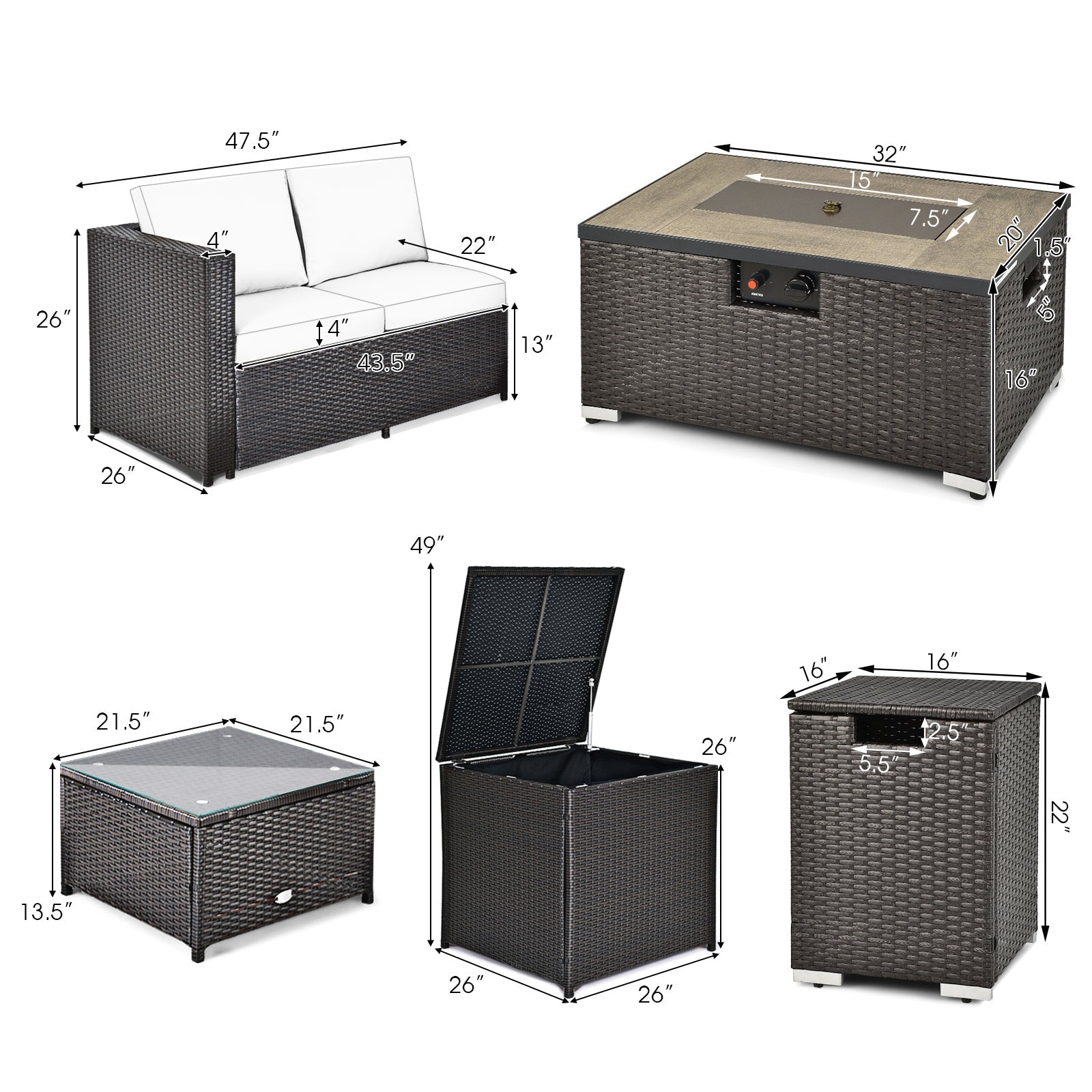 6 Pieces Outdoor Wicker Furniture Set with 32 Inch Propane Fire Pit Table-Beige - Energize Trek