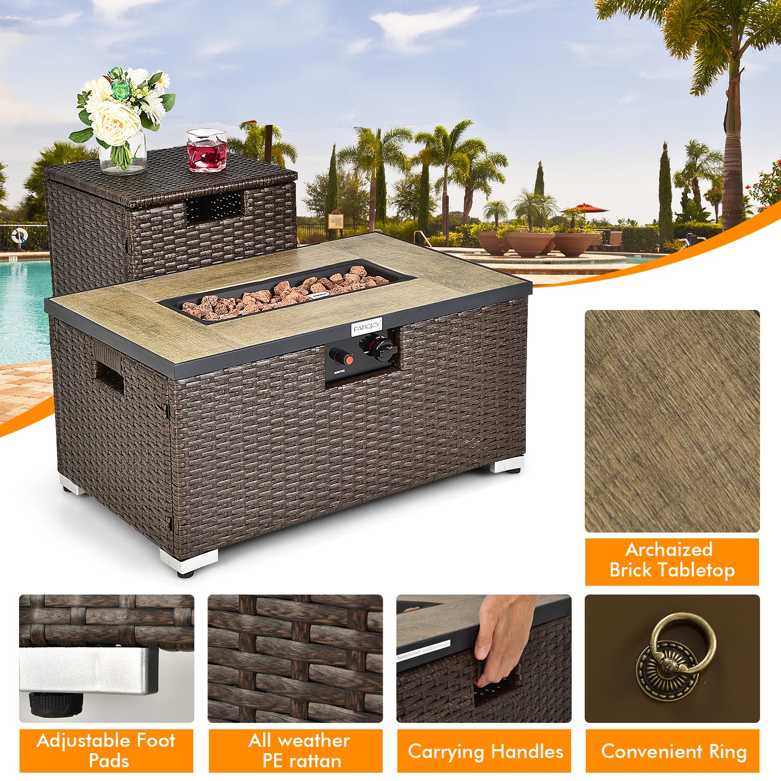 6 Pieces Outdoor Wicker Furniture Set with 32 Inch Propane Fire Pit Table-Beige - Energize Trek