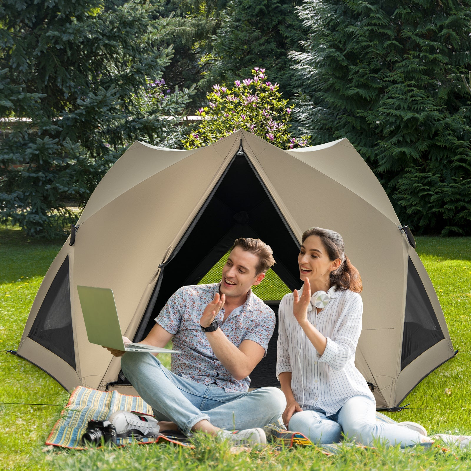 6-Sided Pop-up Family Tent with Rainfly Skylight 3 Doors 3 Windows-Green - Energize Trek