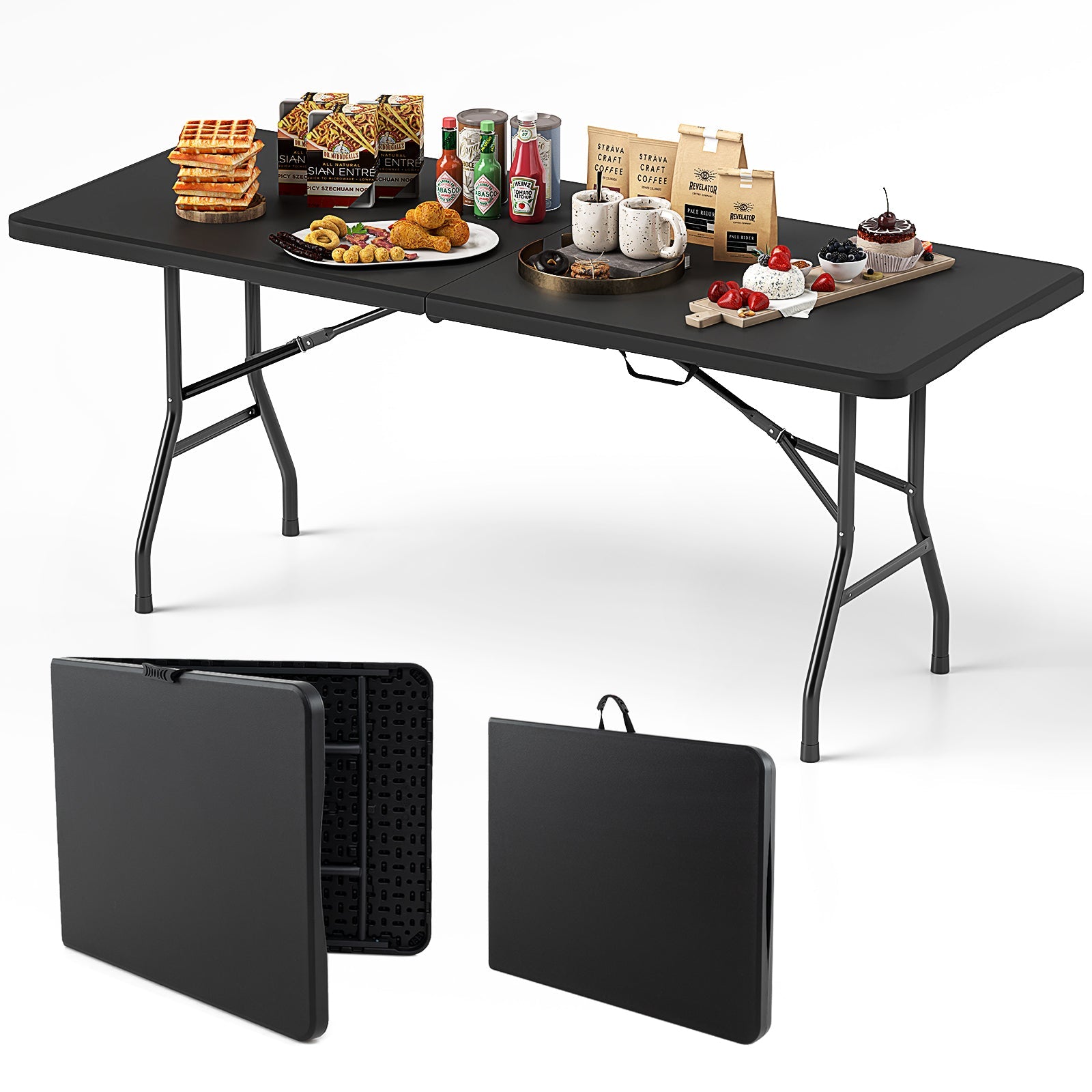 6 ft Portable Folding Table 350 LBS Fold-in-Half Table with HDPE Tabletop - Energize Trek