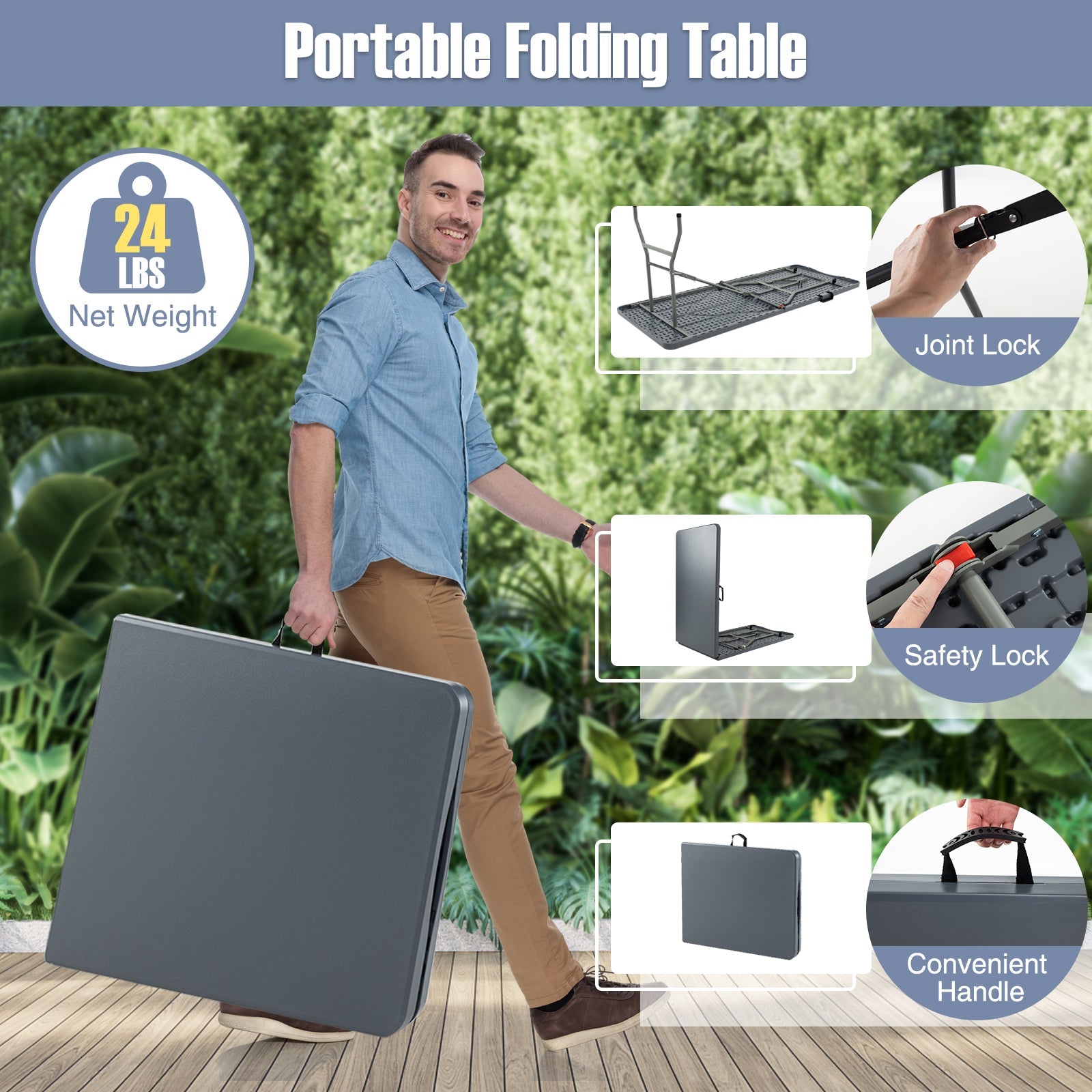 6 ft Portable Folding Table 350 LBS Fold-in-Half Table with HDPE Tabletop - Energize Trek