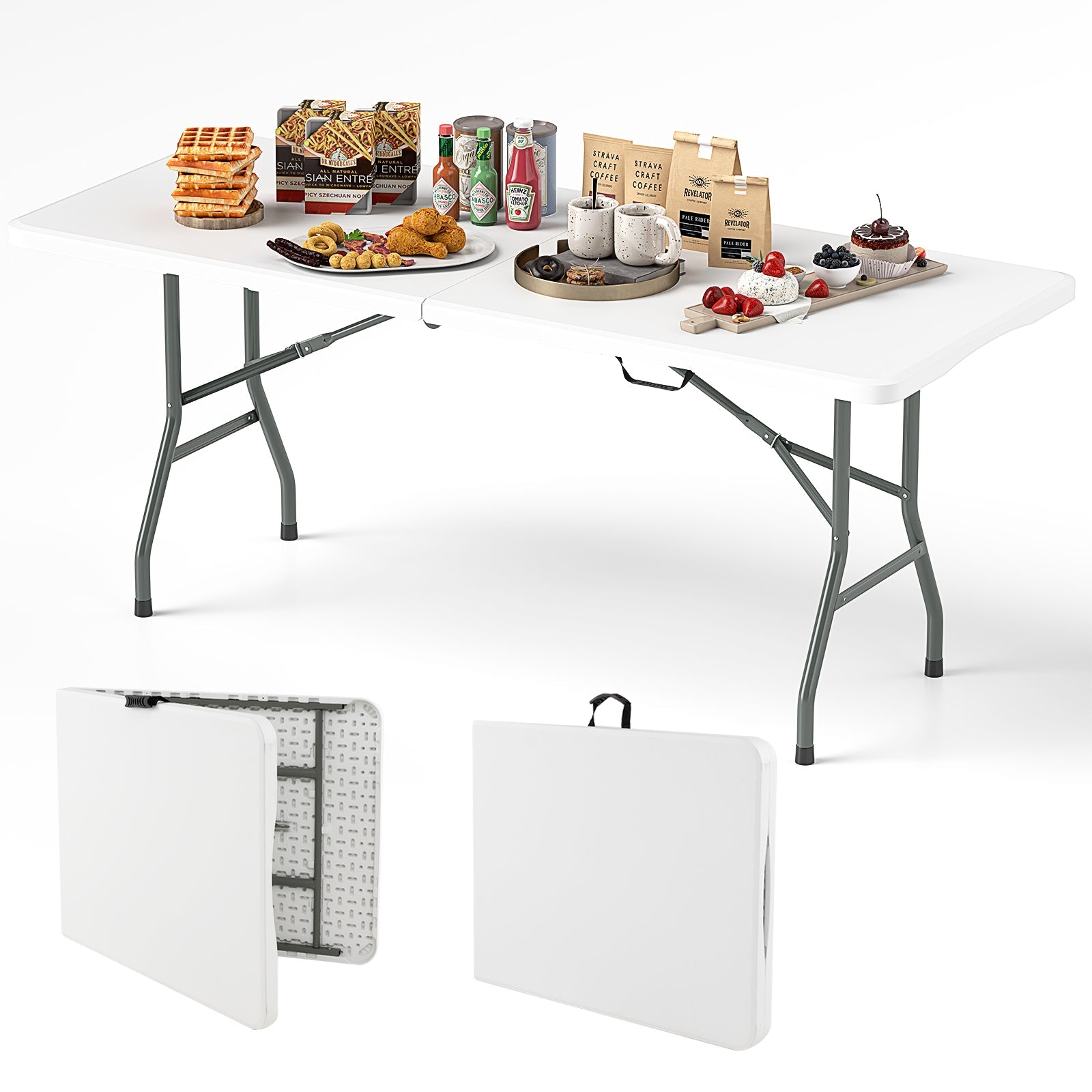 6 ft Portable Folding Table 350 LBS Fold-in-Half Table with HDPE Tabletop - Energize Trek