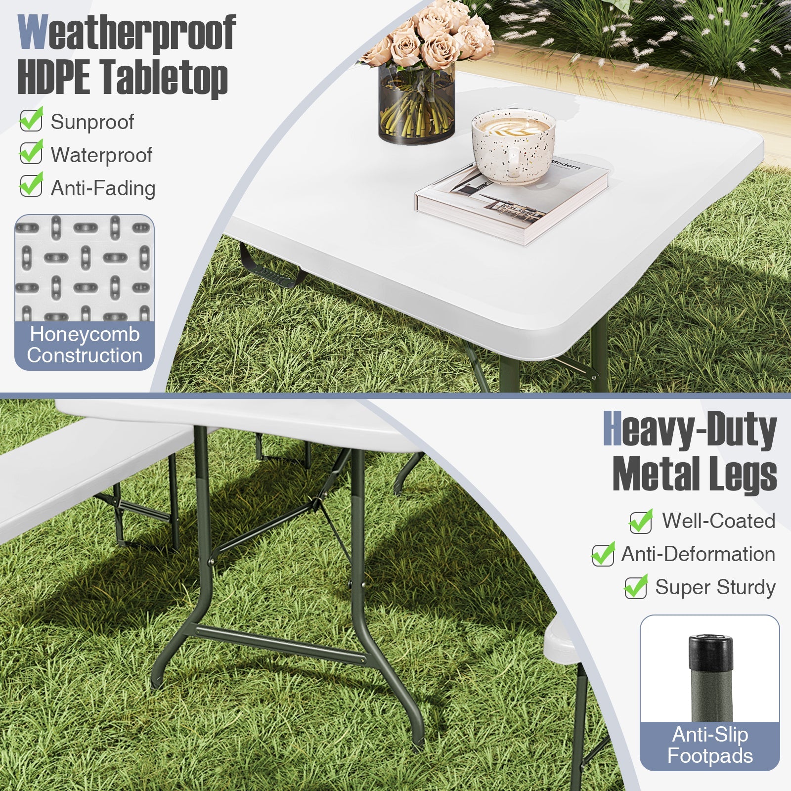 6 ft Portable Folding Table 350 LBS Fold-in-Half Table with HDPE Tabletop - Energize Trek