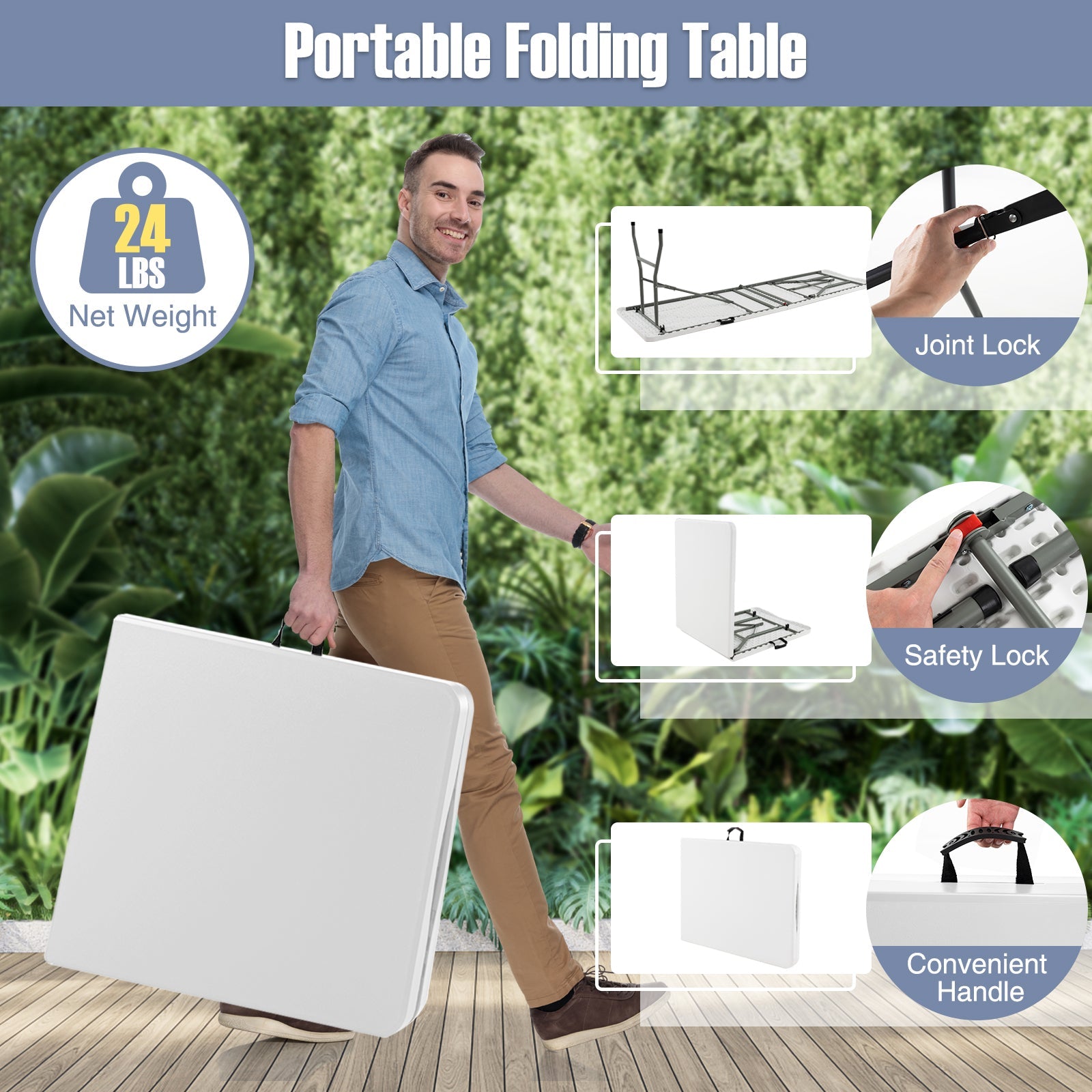 6 ft Portable Folding Table 350 LBS Fold-in-Half Table with HDPE Tabletop - Energize Trek