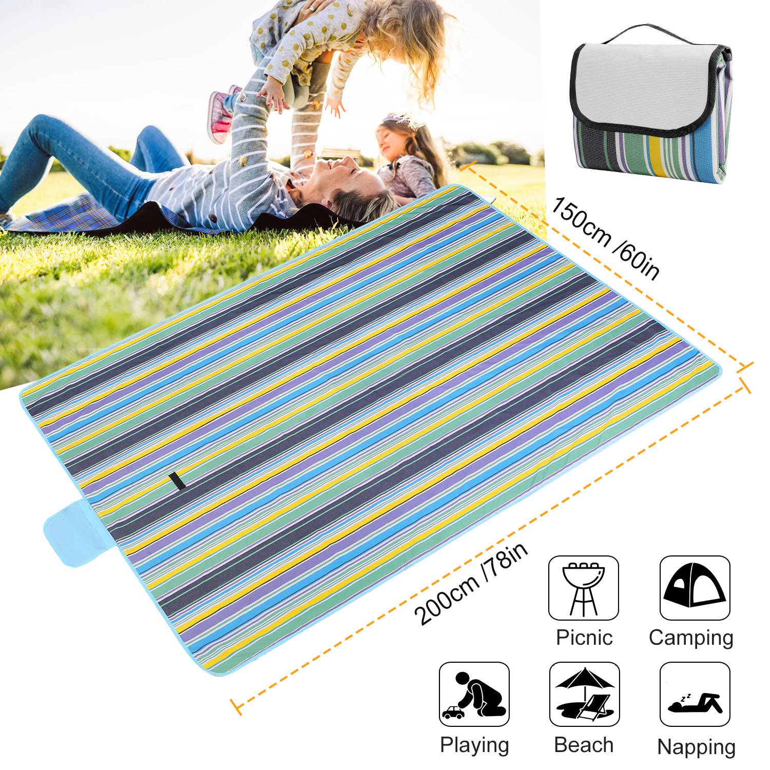 60" x 78" Waterproof Picnic Blanket Handy Mat with Strap Foldable Camping Rug for Camping Hiking Grass Travelling - Energize Trek