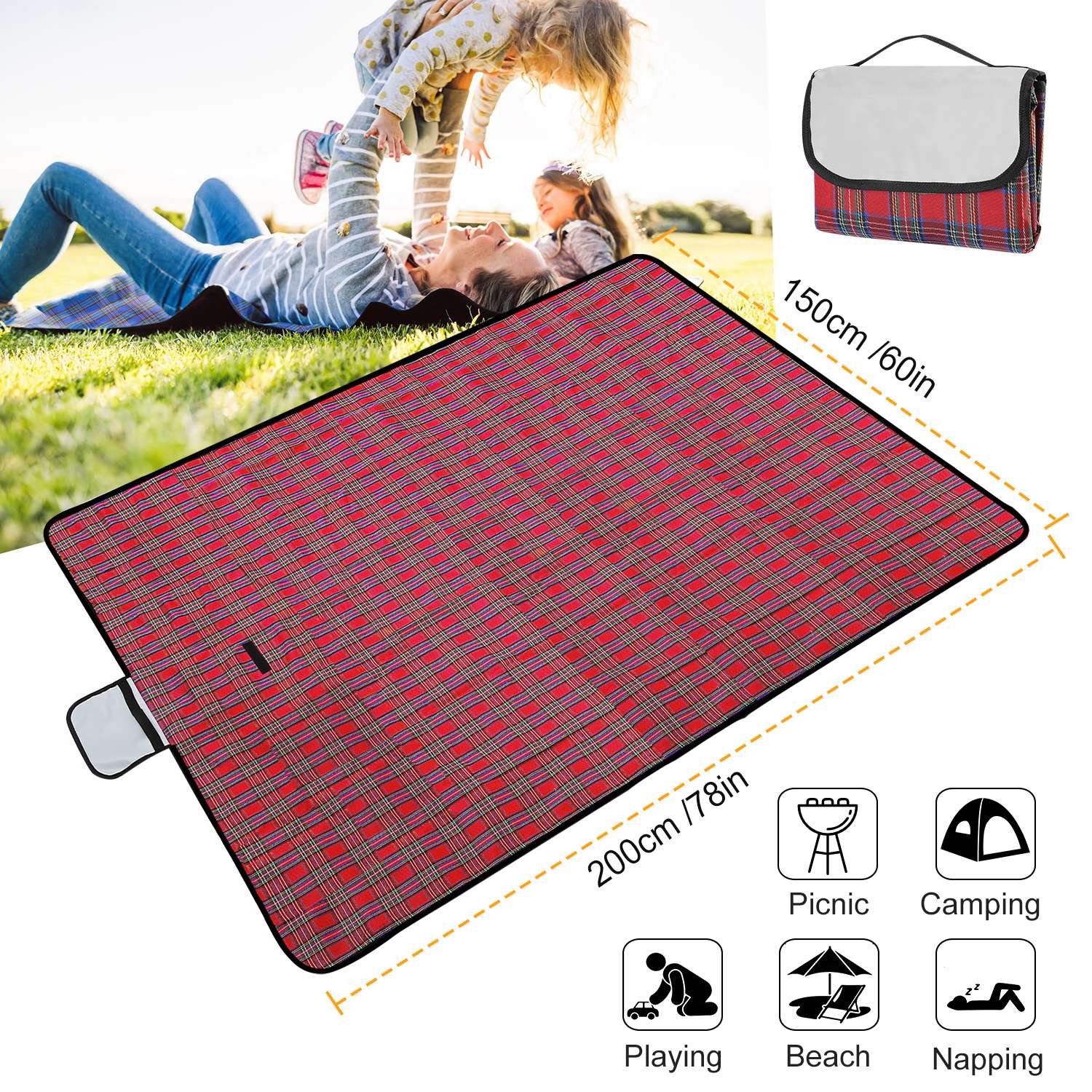 60" x 78" Waterproof Picnic Blanket Handy Mat with Strap Foldable Camping Rug for Camping Hiking Grass Travelling - Energize Trek