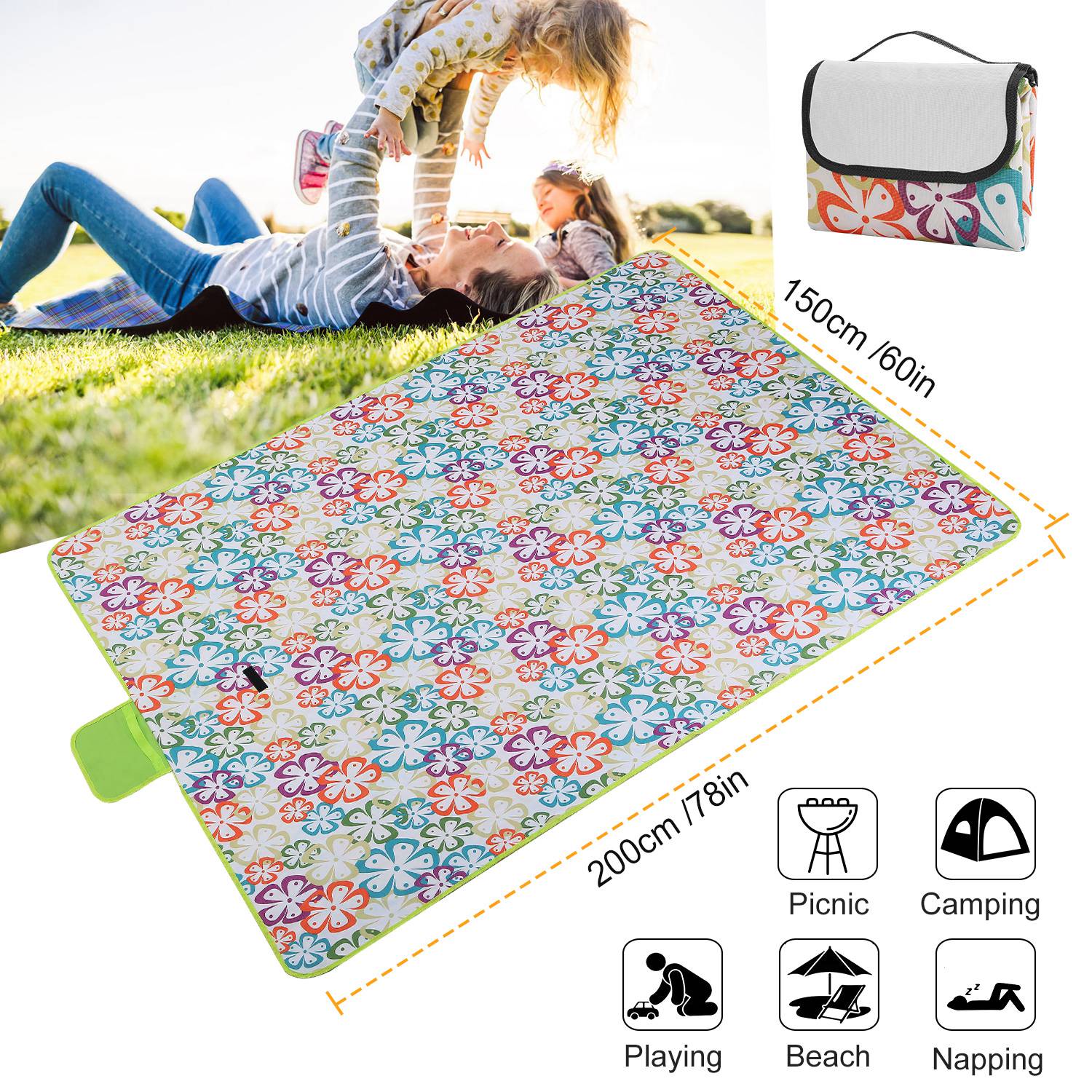 60" x 78" Waterproof Picnic Blanket Handy Mat with Strap Foldable Camping Rug for Camping Hiking Grass Travelling - Energize Trek