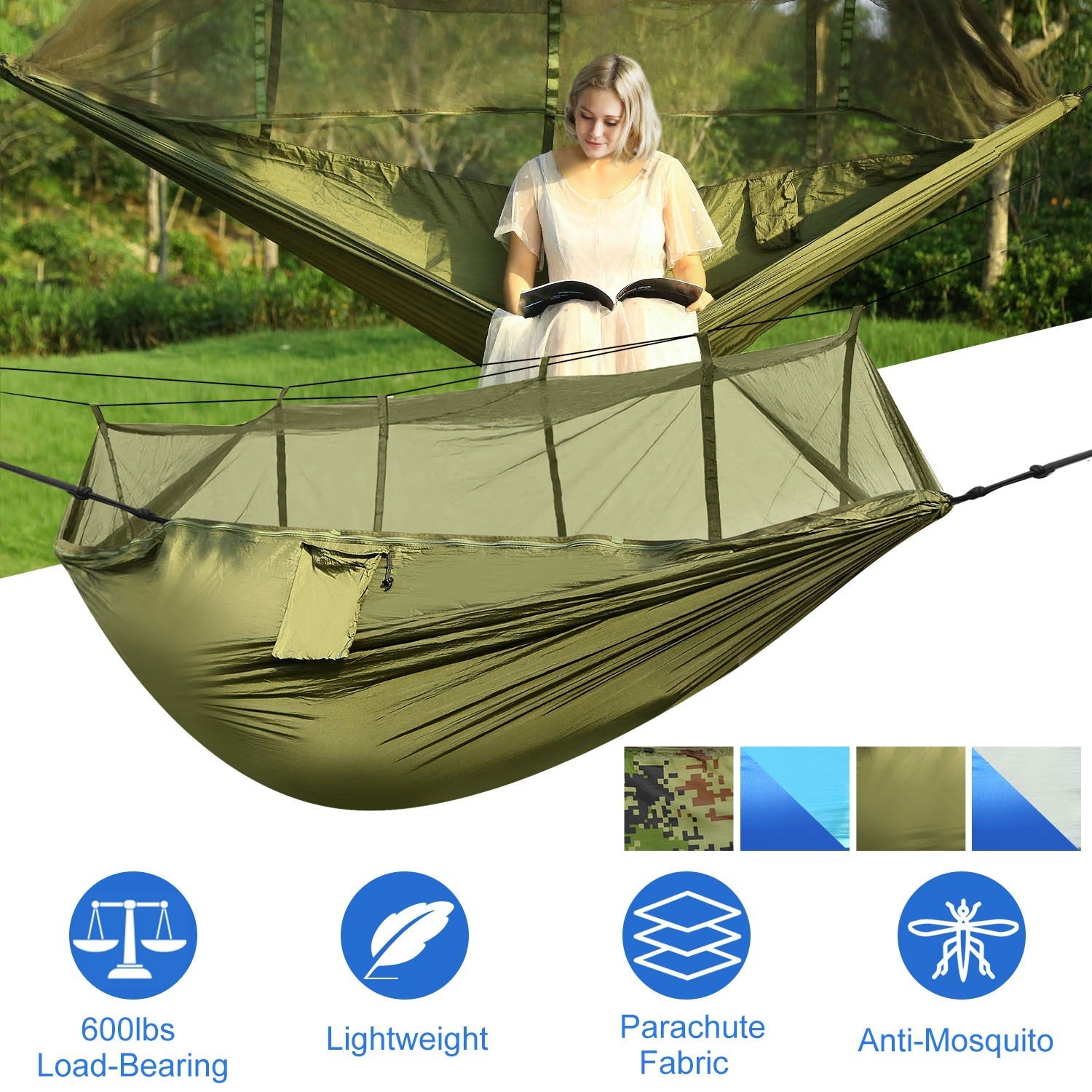 600lbs Load 2 Persons Hammock w/Mosquito Net Outdoor Hiking Camping Hommock Portable Nylon Swing Hanging Bed w/ Strap Hook Carry Bag - Energize Trek
