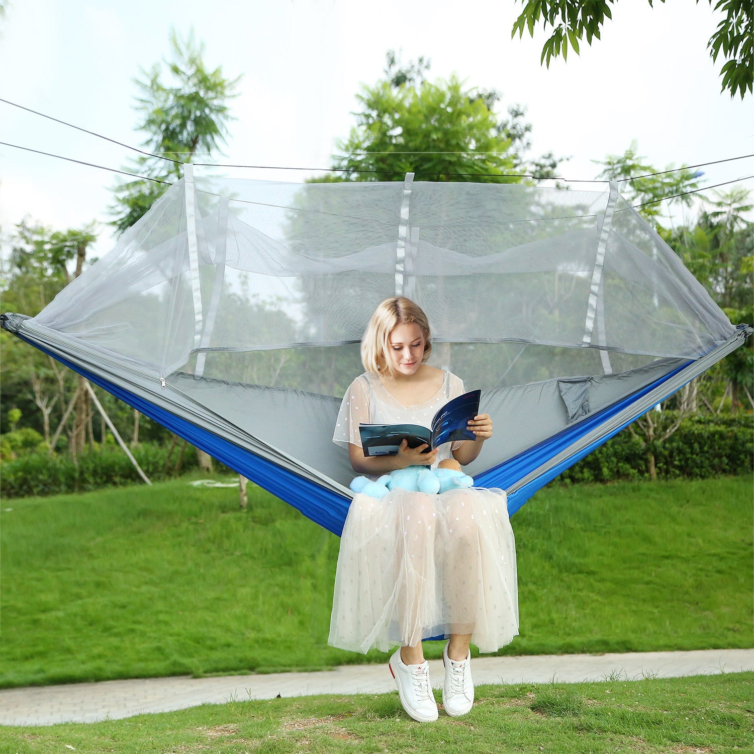 600lbs Load 2 Persons Hammock w/Mosquito Net Outdoor Hiking Camping Hommock Portable Nylon Swing Hanging Bed w/ Strap Hook Carry Bag - Energize Trek