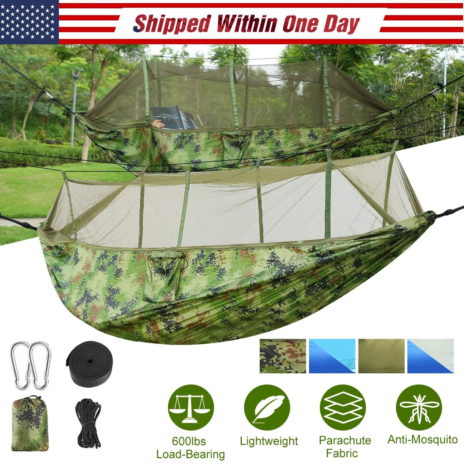 600lbs Load 2 Persons Hammock w/Mosquito Net Outdoor Hiking Camping Hommock Portable Nylon Swing Hanging Bed w/ Strap Hook Carry Bag - Energize Trek